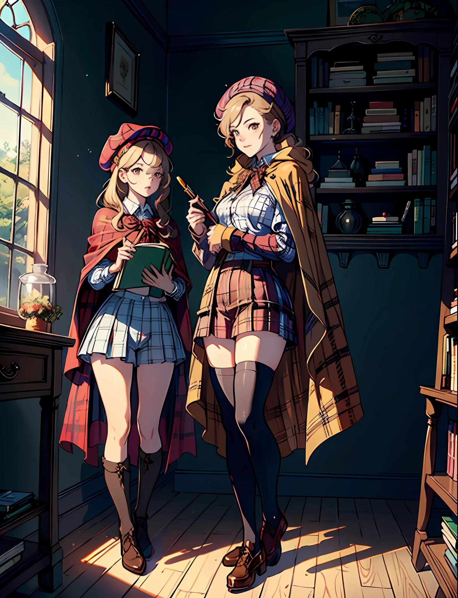 (masterpiece,best quality,highres:1.2), extremely delicate and beautiful,detailed wallpaper,Natural Volumetric Lighting And Best Shadows,fashi-girl,
1girl,yellow wavy hair,glowing red eyes,(Medieval detective:1.2),full body, solo,
((brown:1.2) leather beret),(brown Plaid short cape:1.5),white shirt, Plaid Suspender shorts or Plaid skirt, (Black knee socks),confident smile,
black tobacco pipe ,bow, 
(bookshelf:1.2),(sophisticated),mystery,book,(intrigued),(mysterious),(secretive)
