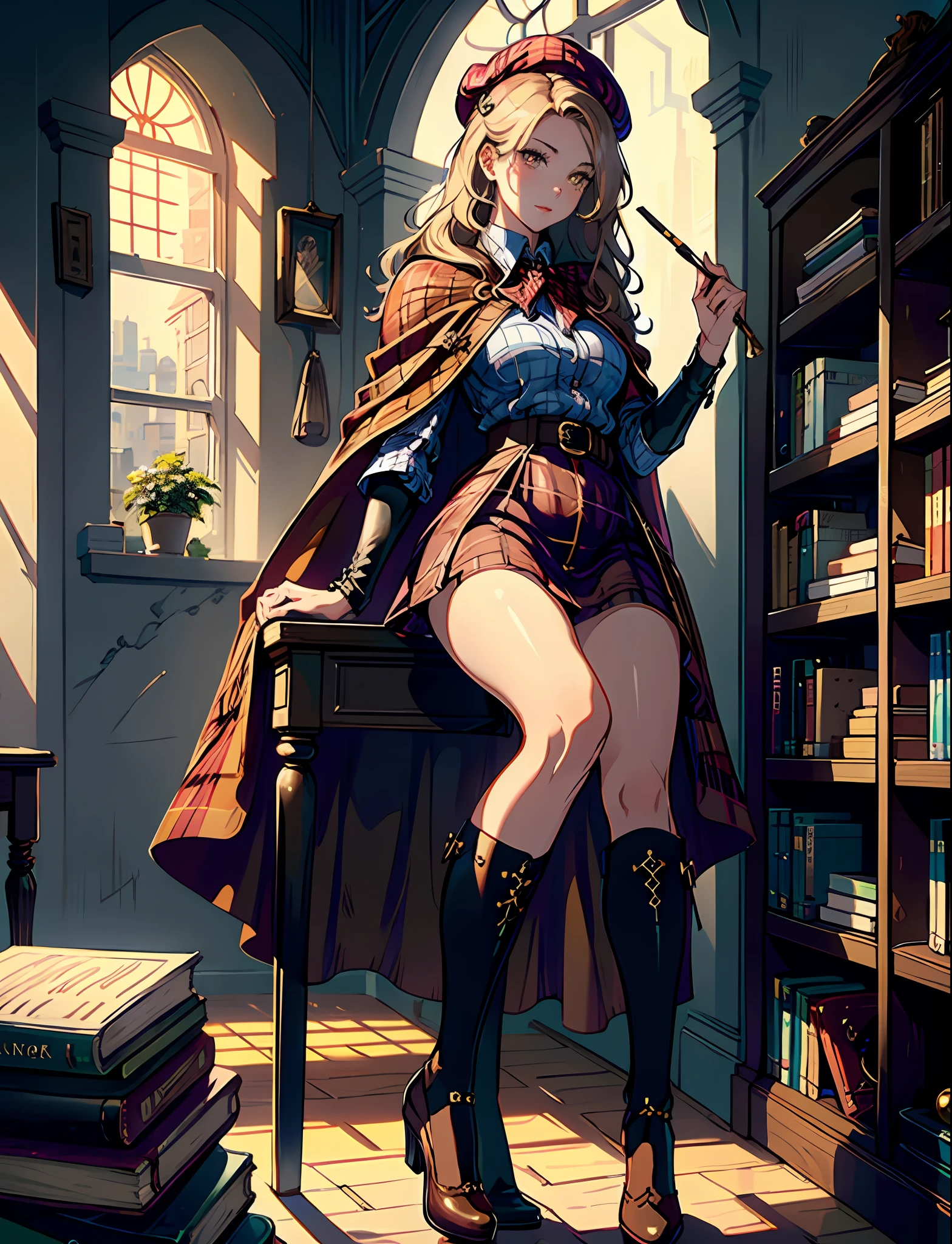 (masterpiece,best quality,highres:1.2), extremely delicate and beautiful,detailed wallpaper,Natural Volumetric Lighting And Best Shadows,fashi-girl,
1girl,yellow wavy hair,glowing red eyes,(Medieval detective:1.2),full body, solo,
((brown:1.2) leather beret),(brown Plaid short cape:1.5),white shirt, Plaid Suspender shorts or Plaid skirt, (Black knee socks),confident smile,
black tobacco pipe ,bow, 
(bookshelf:1.2),(sophisticated),mystery,book,(intrigued),(mysterious),(secretive)