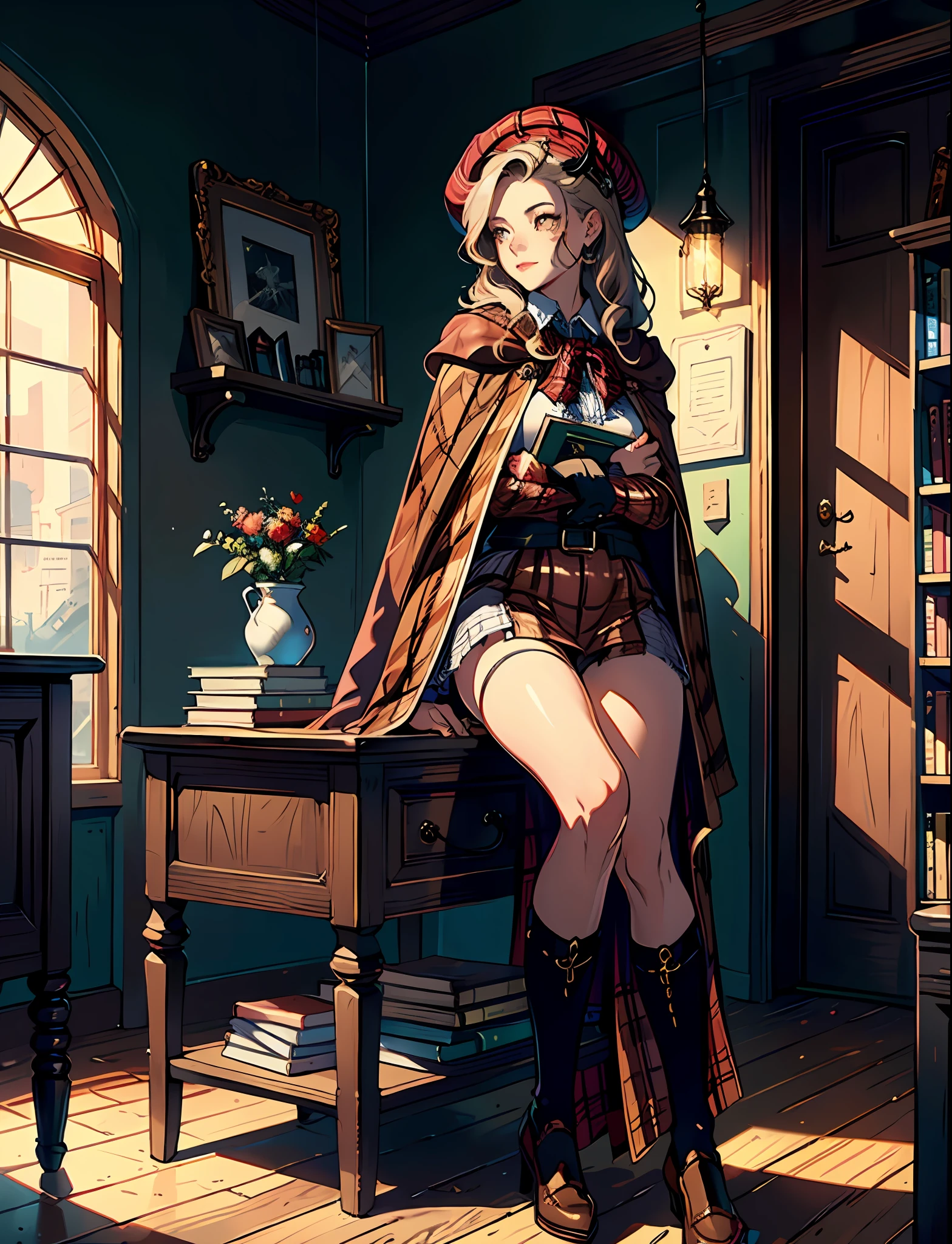 (masterpiece,best quality,highres:1.2), extremely delicate and beautiful,detailed wallpaper,Natural Volumetric Lighting And Best Shadows,fashi-girl,
1girl,yellow wavy hair,glowing red eyes,(Medieval detective:1.2),full body, solo,
((brown:1.2) leather beret),(brown Plaid short cape:1.5),white shirt, Plaid Suspender shorts or Plaid skirt, (Black knee socks),confident smile,
black tobacco pipe ,bow, 
(bookshelf:1.2),(sophisticated),mystery,book,(intrigued),(mysterious),(secretive)
