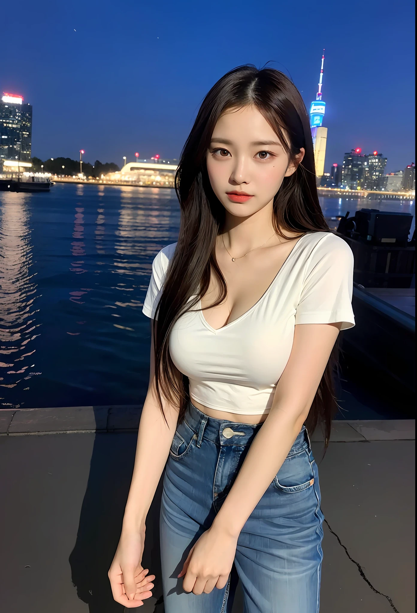 ((Midnight, Acura, 8K, Masterpiece: 1.3)), Full body, Long legs, Focal length: 1.2, Perfect Body Beauty: 1.4, Slim Abs: 1.1, ((Dark Brown Hair, Big Breasts: 1.2 )), (Tight T-shirt, Denim Bispenders, Standing: 1.2), ((City Night View, Roof: 1.3)), Highly detailed face and skin texture, Detailed eyes, Double eyelids