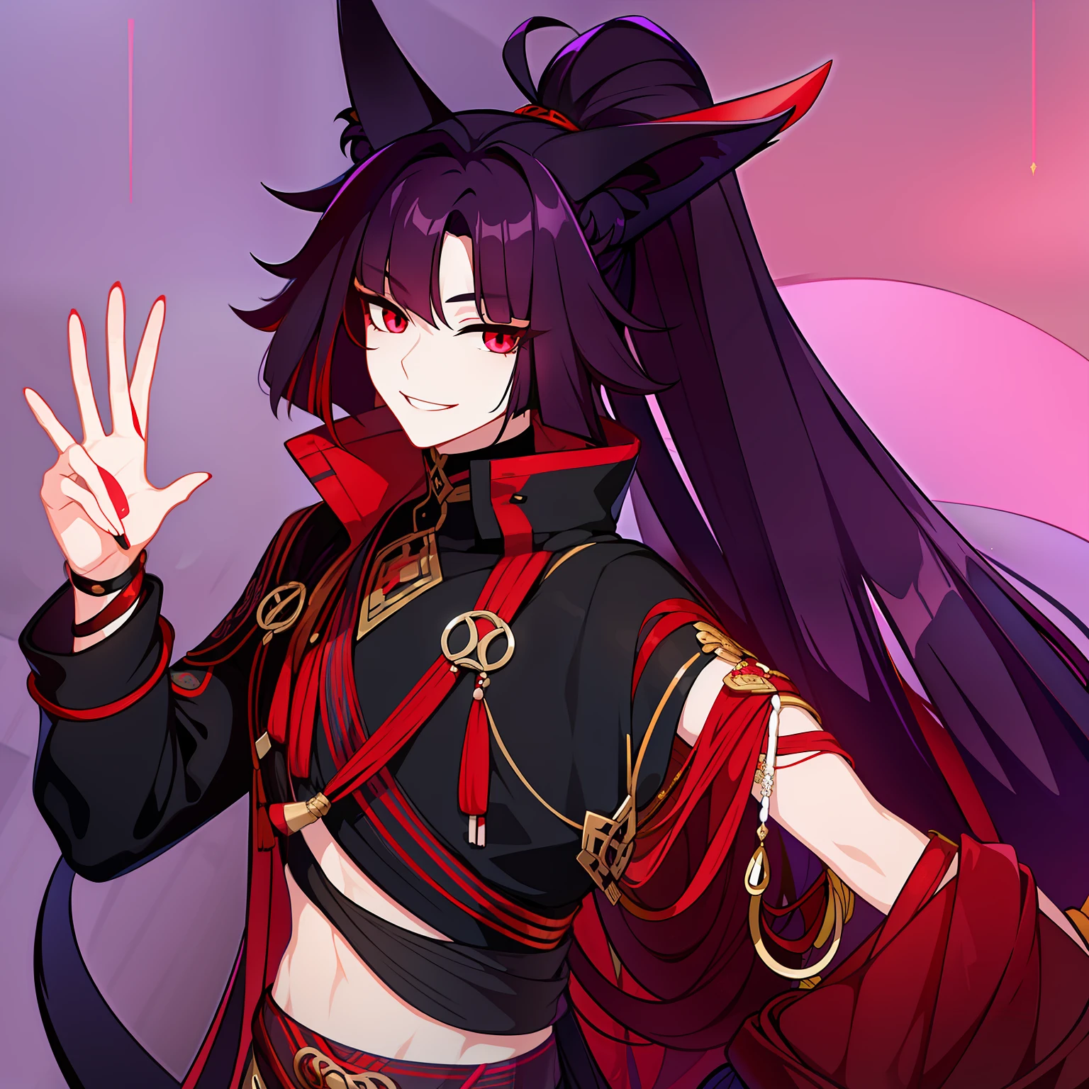 Young guy, pretty facial features, long dark purple hair, half gathered in messy ponytail, half loose, dangerous bright red eyes, black fit clothes with many jewels, fox ears and tail, mad smile