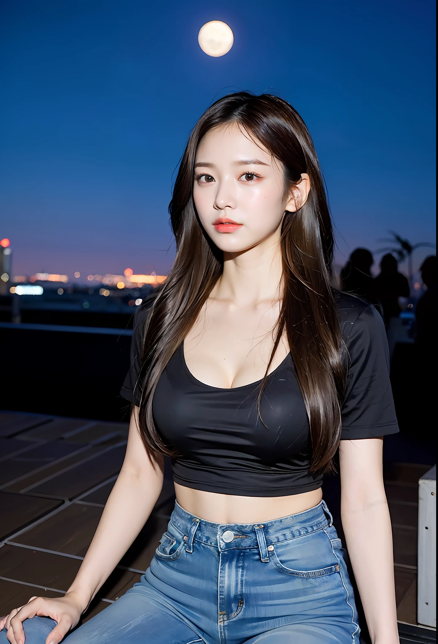 ((Midnight, Acura, 8K, Masterpiece: 1.3)), Full body, Long legs, Focal length: 1.2, Perfect Body Beauty: 1.4, Slim Abs: 1.1, ((Dark Brown Hair, Big Breasts: 1.2 )), (Tight T-shirt, Denim Bispenders, Standing: 1.2), ((City Night View, Roof: 1.3)), Highly detailed face and skin texture, Detailed eyes, Double eyelids