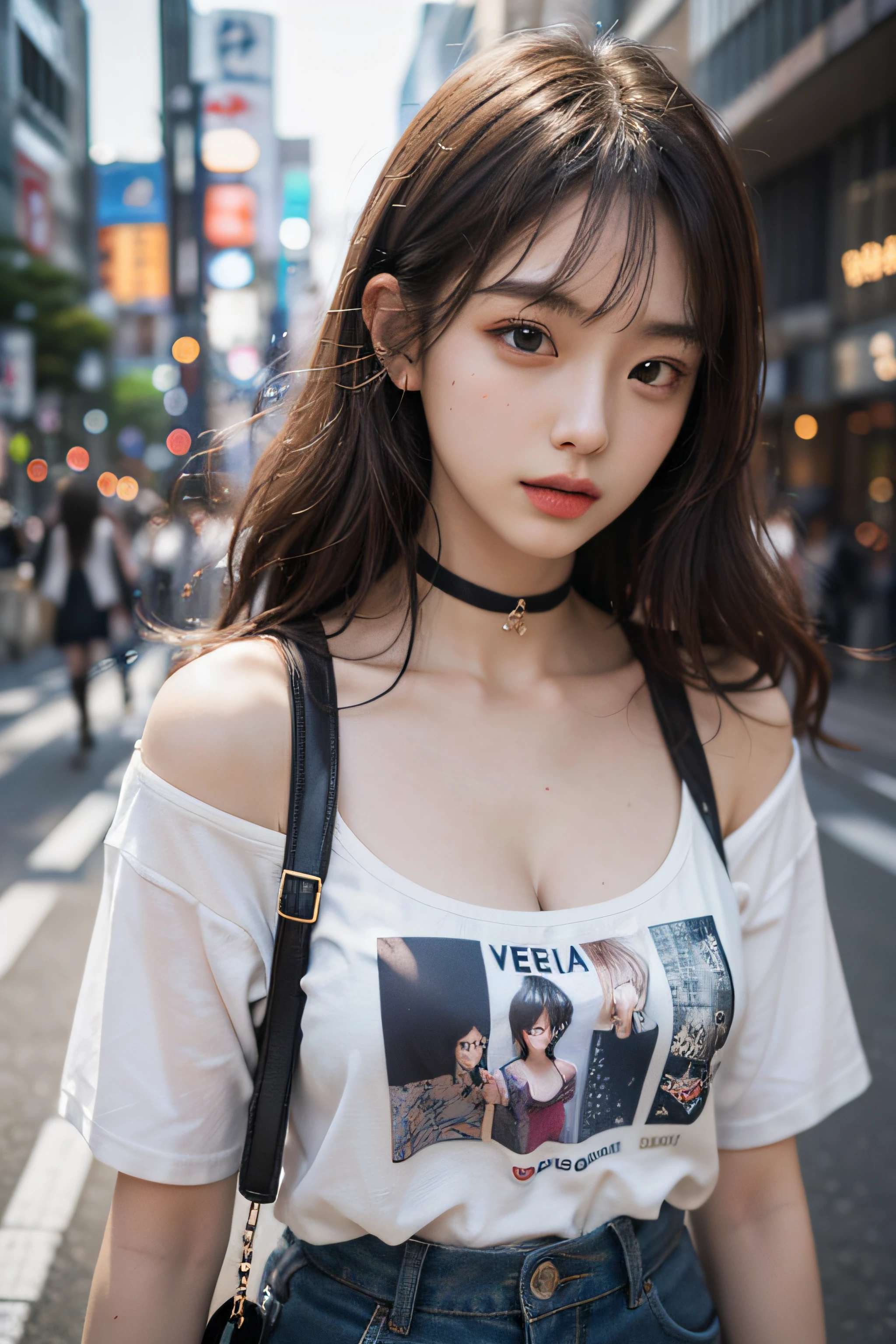 Best Quality Detail:1.2, realisitic, 8K UHD, hight resolution, 1girl in:1.2, The ultra-detailliert, High quality textures, intricate detailes, detaileds, Very detailed CG, High quality shadows, Detail Beautiful delicate face, Detail Beautiful delicate eyes, depth of fields, Ray traching, in her 20s, Pretty Kpop Girl, Korean Urzan Face:1.1, Slender face, ulzzang -6500-v1.1:0.6, pureerosface_v1, gloweyes, teak, Glossy lips, perfectbody, a choker、cleavage of the breast、 Brown hair、poneyTail:1.1, Street, Particle, look at viewr, Photorealsitic:1.4, ultra-detailliert, photos realistic, 4K 8K UHD Full Color RAW Photos, Fuji Film(Medium format:1.2), Hasselblad:1.2, Carl zeiss:1.1, Incredible dynamic range photography(UTIL_Art by Smoose-768:1.1), hight resolution, High pixel count, clear details, crisp image, Natural color reproduction, Noise Reduction, High fidelity, qulity, Software Improvements, Upscaling, Optimized algorithms, Pro-level retouching、((Shibuya, tokyo prefecture))、On the way to shopping、((Fashionable clothes with a very high design))、graphic t-shirt: Art and Logos、Graphic T-shirts printed with anime characters are trending.、Used for unique styling