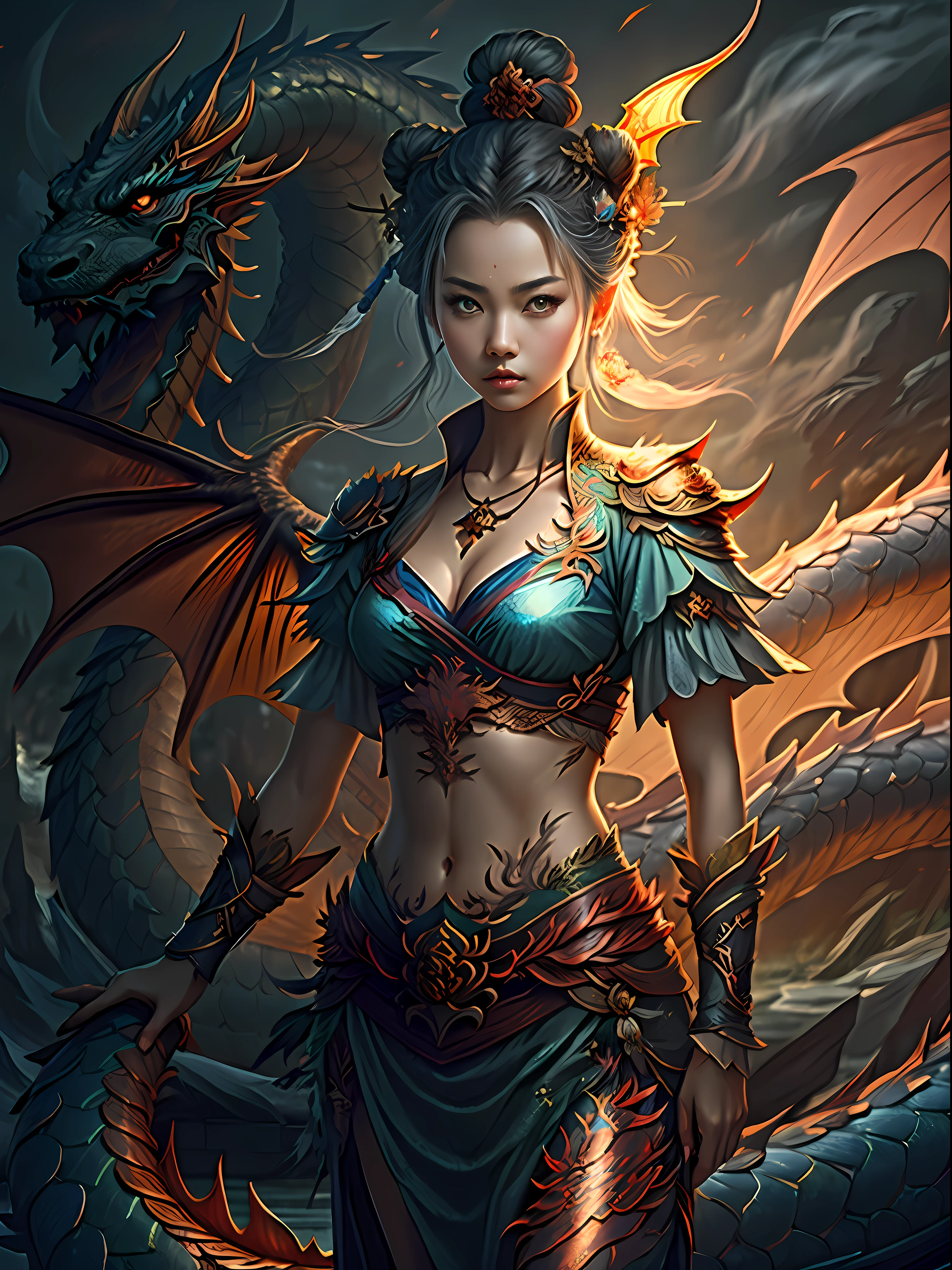 masterpiece, best quality,Chinese fairy, 1girl\(loli\) and iris red dragon, Chinese dragon pan glaring at girl, bun, dark gray background,8k resolution, atmospheric perspective, masterpiece, anatomically correct, award winning, textured skin
