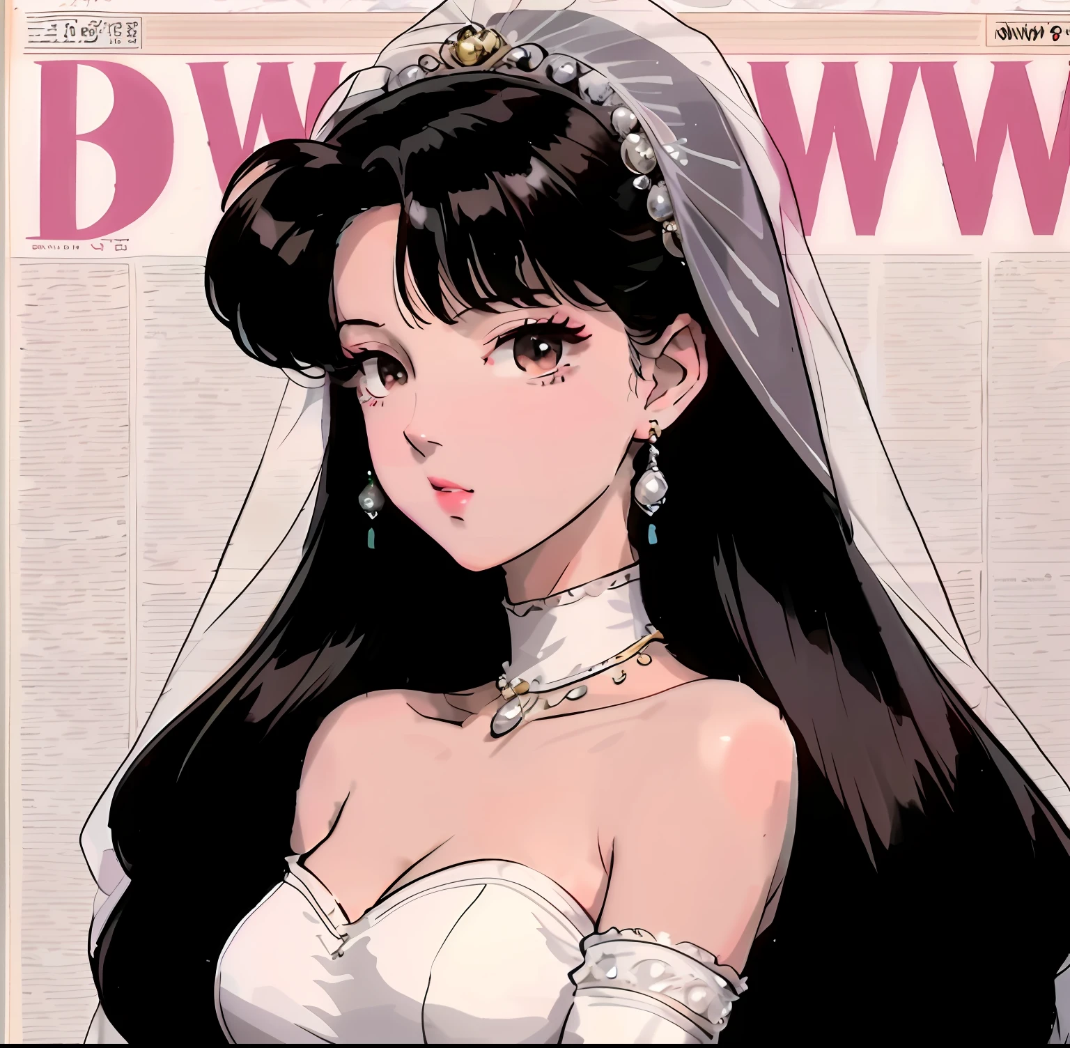 Close-up of woman in wedding dress on magazine cover, rei hino as a princess, Retro anime girl, anime visual of a young woman, 9 0 s anime art style, in the art style of 8 0 s anime, anime woman, 8 0 s anime art style, white hime cut hairstyle, Anime princess, anime barbie in white