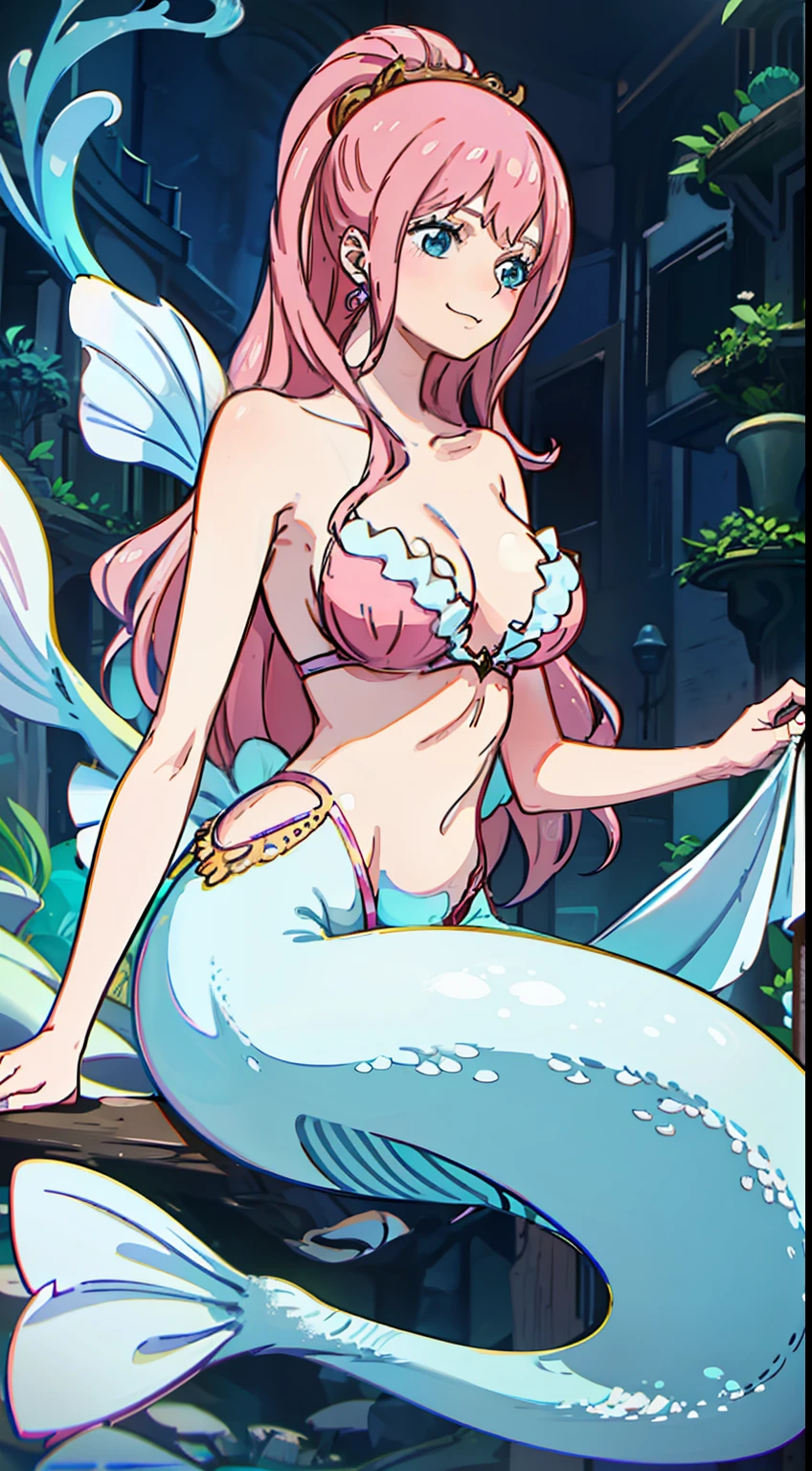 mermaids，At the bottom of the sea，the sea，Plants，The corals，Under the water，Large breasts，Inside the water，one-girl，Off-the-shoulder attire，A pink-haired，with brown eye，ssmile，cleavage，closeup cleavage，Eau