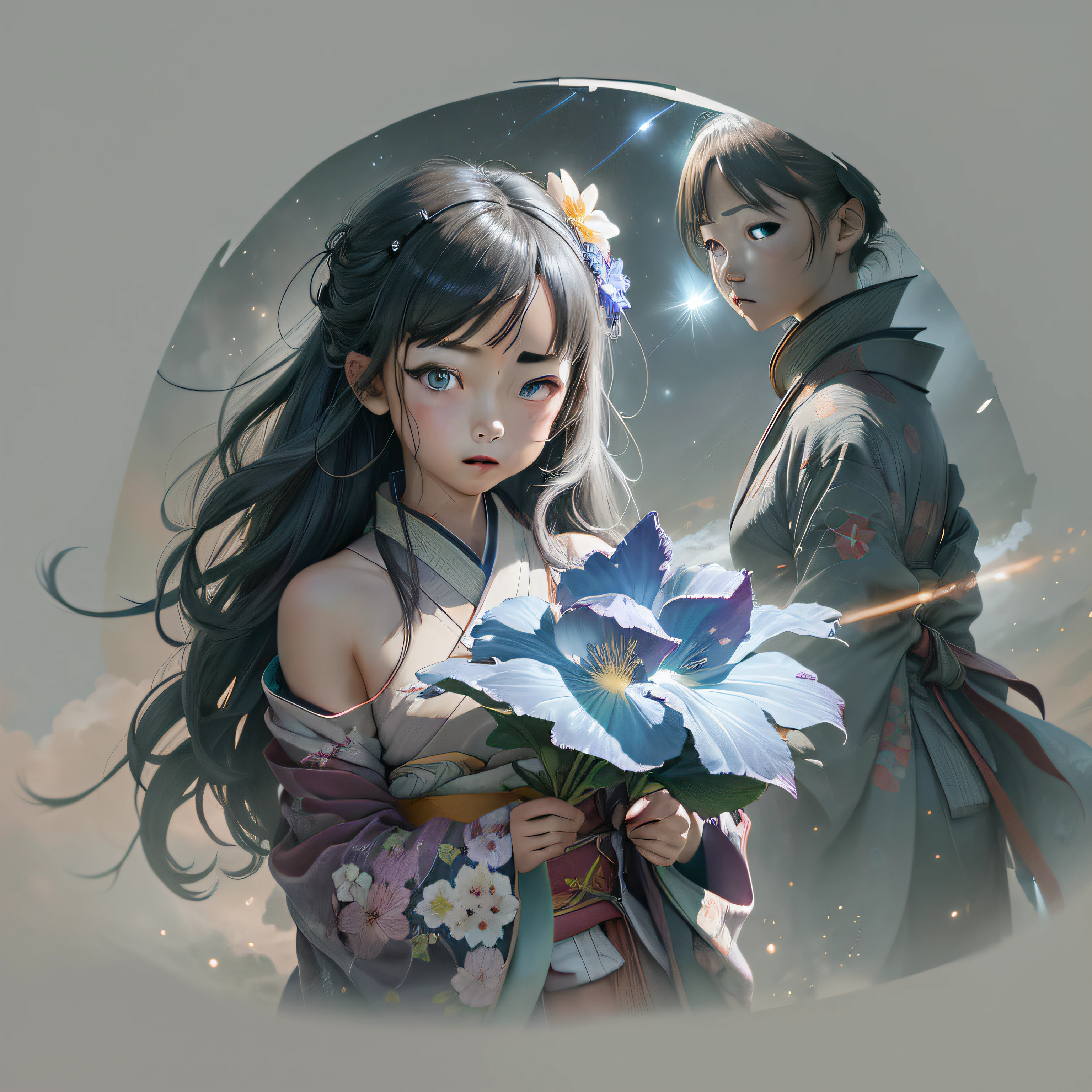 1girl, distant girl wearing a kimono staring at the stars, (zoomed out:1.1), (meteor shower:1.2), (comet:1.1), your name, low angle, from behind, aroura borealis, shooting star, yukata, red kimono, cherry blossoms, standing in a field,best quality, masterpiece,  cloud,colorful, starry,stars,