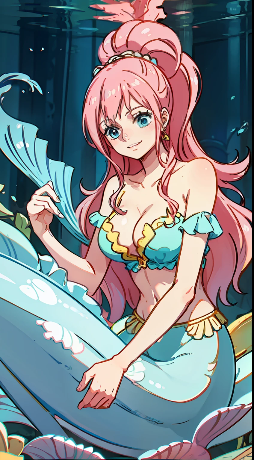 mermaids，At the bottom of the sea，the sea，Plants，The corals，Under the water，Large breasts，Inside the water，one-girl，Off-the-shoulder attire，A pink-haired，with brown eye，ssmile，cleavage，closeup cleavage，Eau