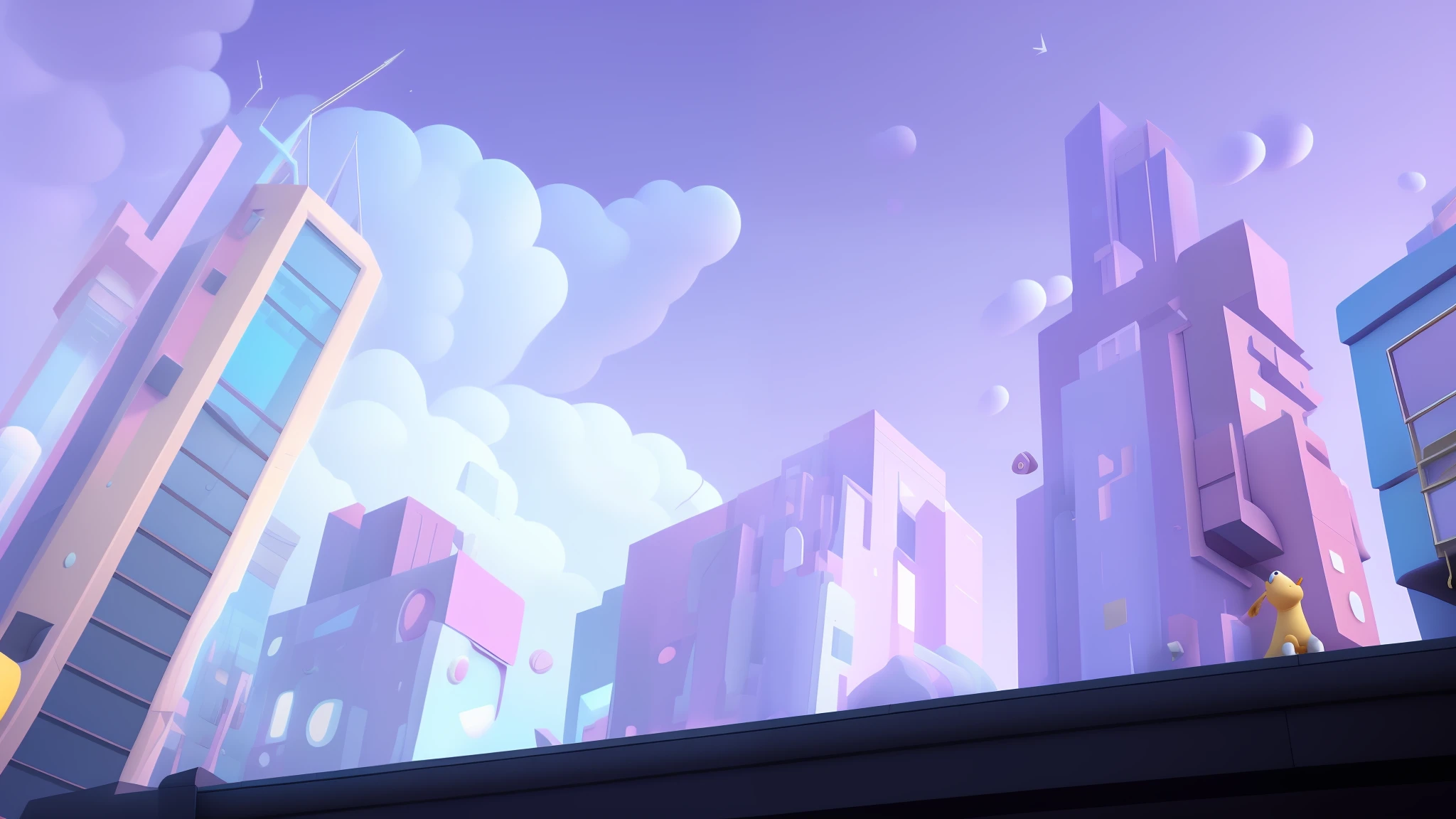 Cartoony,pixar-style,City scene,modern urban,Look up at the camera,ladder,Skysky,Comfortable and soft, lighting particle, Dynamic light effects, A futuristic, incredibily detailed, Hyper-Resolution