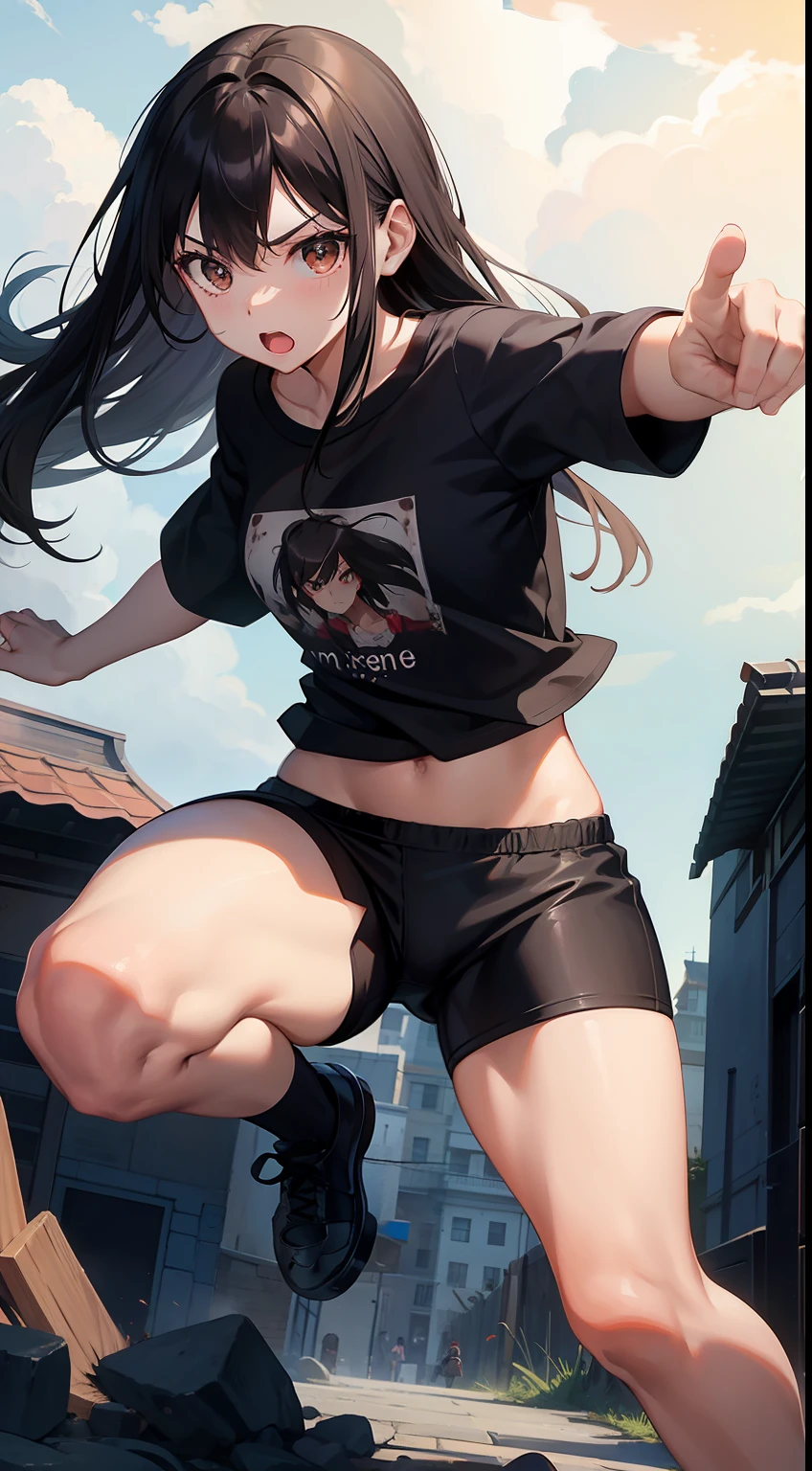 young girl, Long black hair, Brown eyes, tshirt, briefs, combat stance, anger, Masterpiece, hiquality