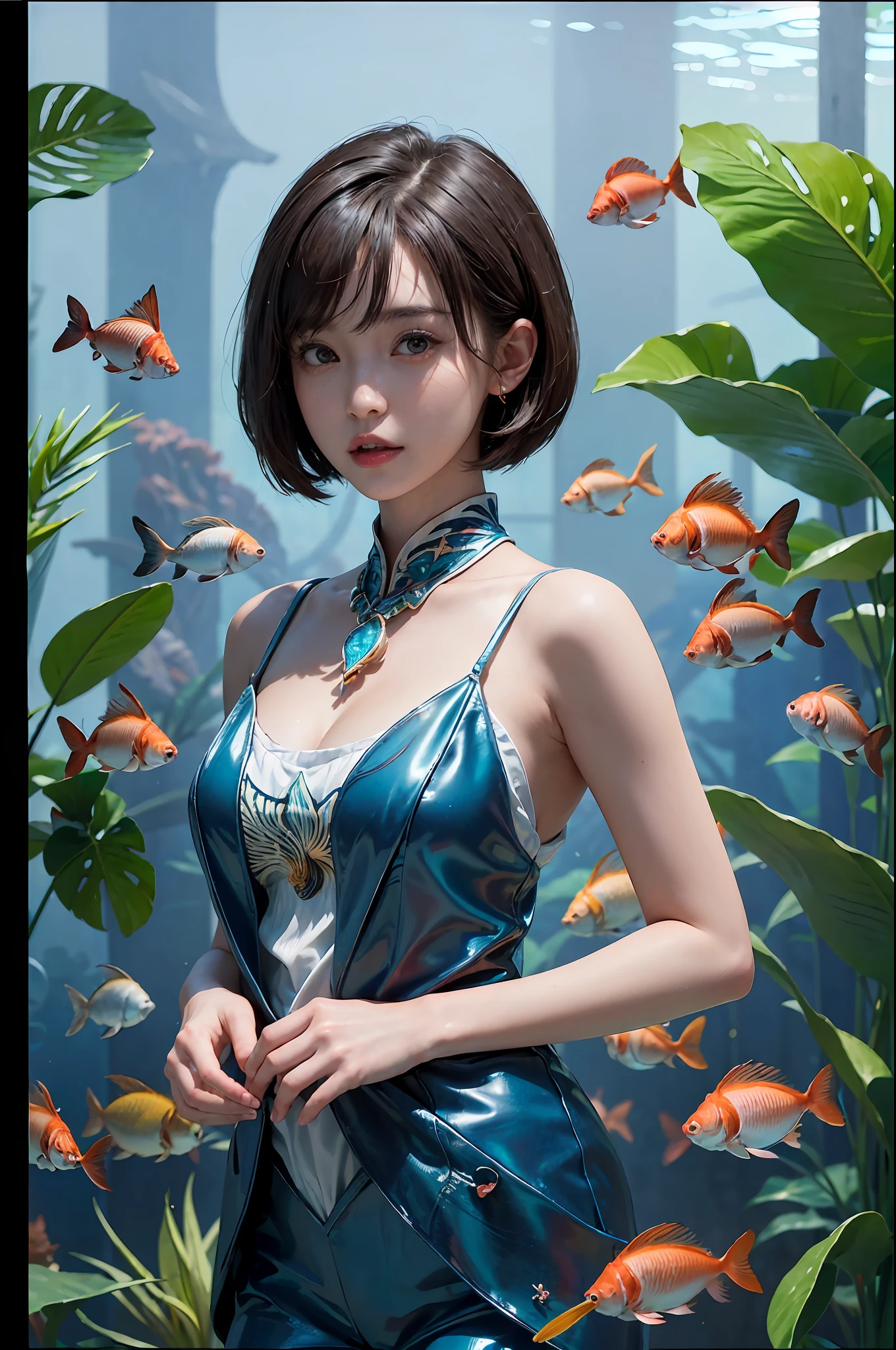 (((30-year-old woman with)))、((aquariums))、masterpiece, 1 beautiful girls, (((very_Short_hair))), Eye details, Swollen eyes, Top image quality, 超A high resolution, (Realistis: 1.4), OriginalPhotographs, 1girl in, Cinematographic lighting, japanes, very beautif, Beautiful skins, (A hyper-realistic), (hight resolution), (8 K), (ighly detailed), (The best illustrations), (beautifully detailed eyes), (ultra-detailliert), A detailed face, look at a camera, Facing straight ahead, Neat Clothing, shorth hair、A dark-haired、46-point diagonal bangs、((aquariums))、Lots of fish、(((tropical fish)))