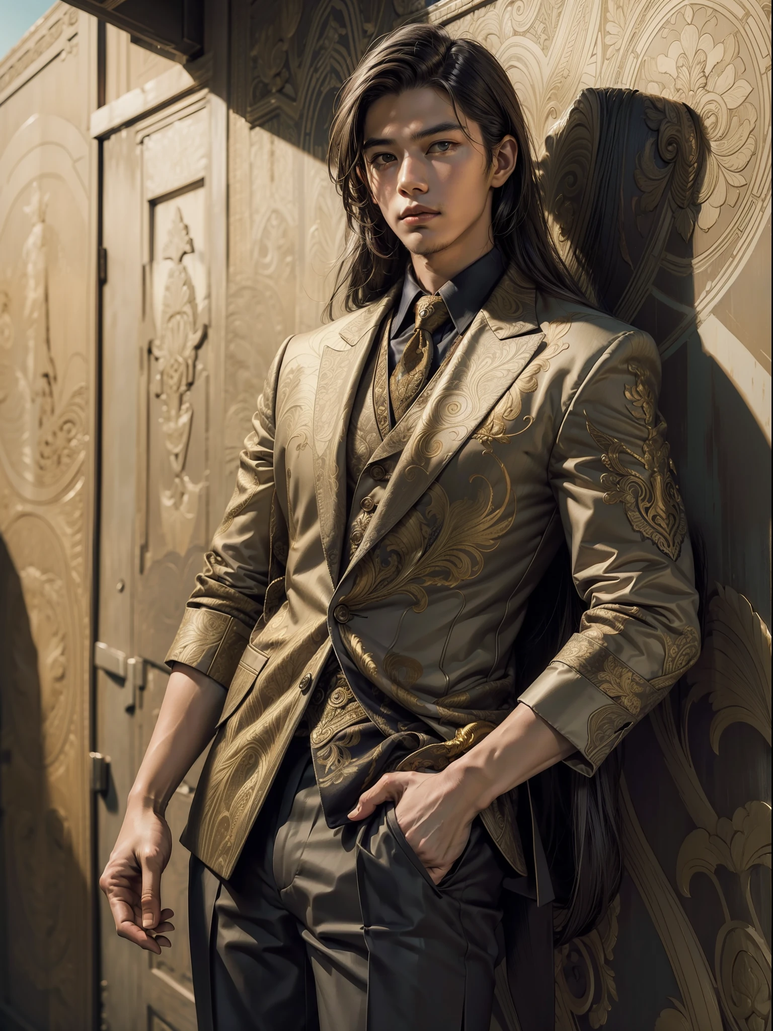 Masterpiece, intricate details, A handsome young boy, elegant batik suit, Pose leaning against the wall, watch, long hair,