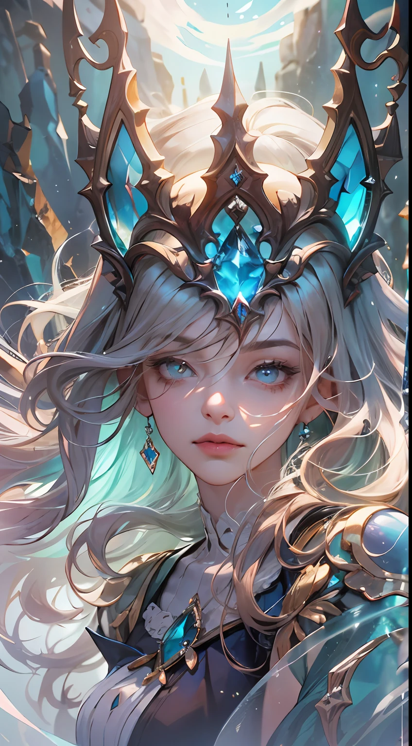 (absurdres, highres, ultra detailed), 1woman, mature female, aged up, wavy long hair, auburn hair, coral eyes, bangs, long sleeves, finely detailed eyes and detailed face, extremely detailed CG unity 8k wallpaper, intricate details, (style-swirlmagic:1.0), looking at viewer, solo, upper body, detailed background, close up, detailed face, (gothic dark ages theme:1.1), crystal sorcerer, dynamic pose, earth themed clothes, crystal crown, floating in the air, glowing magical shards, surrounded by blue magical crystals, rock formations, stalactites, magical floating particles, crystal glass, crystal sphere, crystal canyon background, (shallow water:0.7), epic ethereal atmosphere, updraft,, portrait