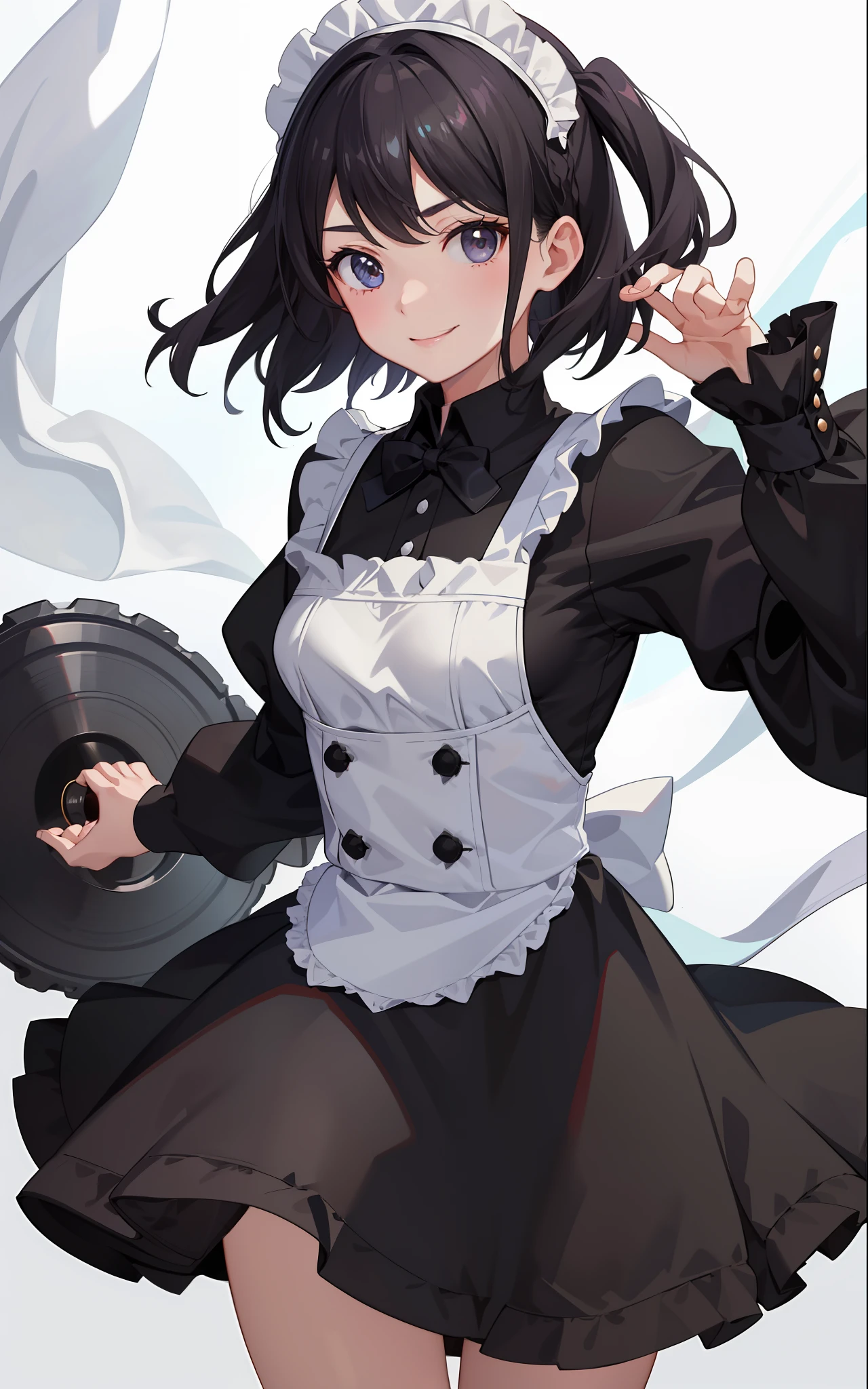 1girl in、A smile、A delightful、skirt by the、(small tits)Chilarism、doress、pinafore,,,,,,、Maids,,,,,,,,、A dark-haired、hair adornments、movement、