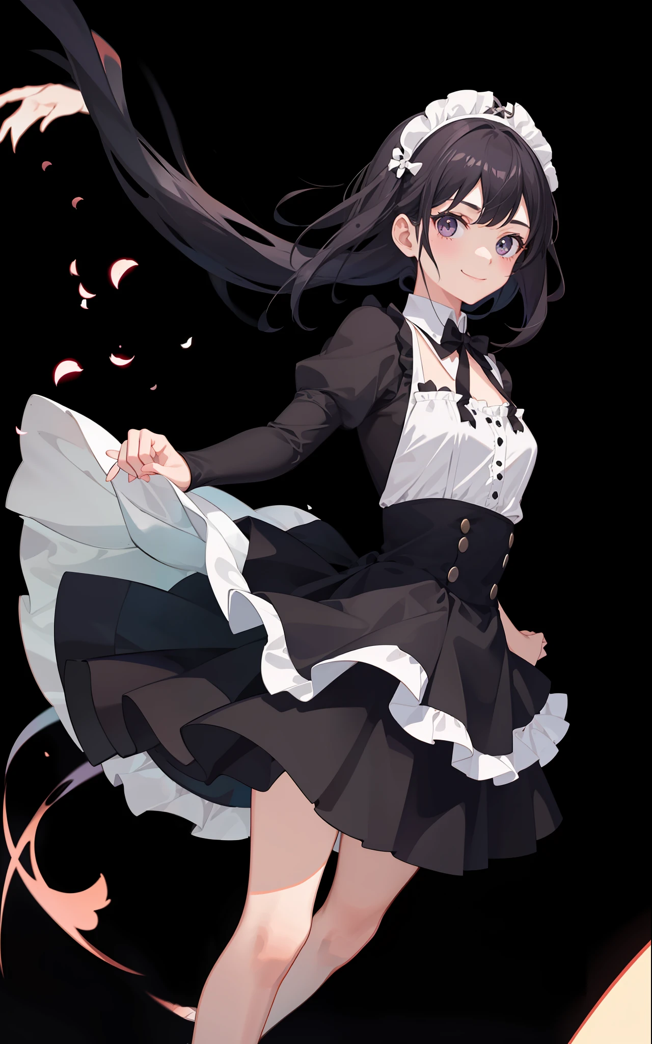 1girl in、A smile、A delightful、skirt by the、(small tits)Chilarism、doress、pinafore,,,,,,、Maids,,,,,,,,、A dark-haired、hair adornments、movement、