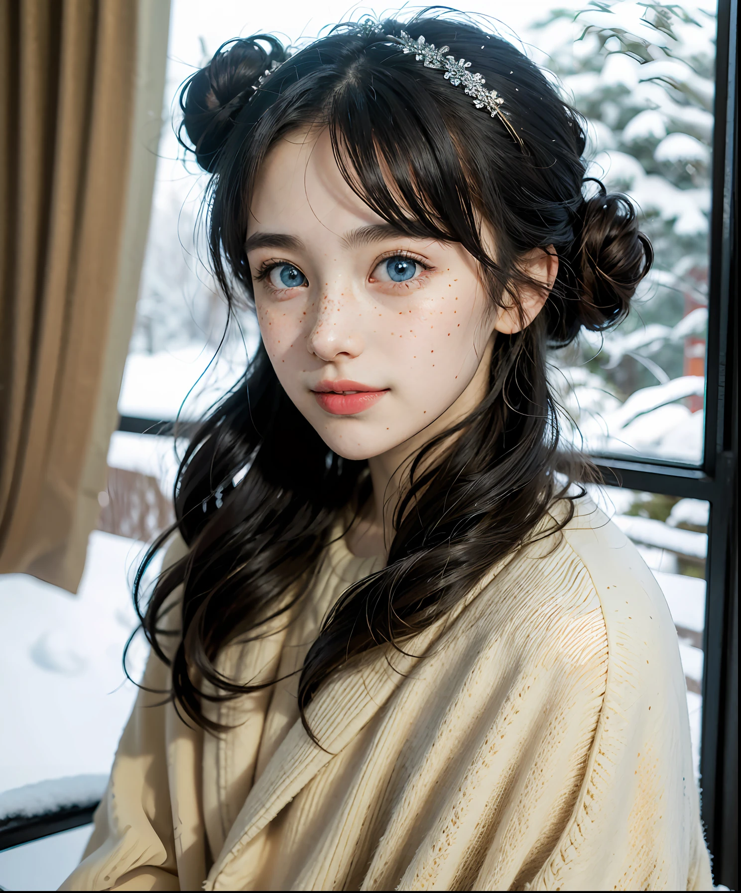 a RAW photo of girl, (masterpiece:1.4), best quality, ultra high res, high detailed, (photorealistic:1.4), detailed eyes, detailed face, 1girl, solo, (s old), (loli:1.(pale skin:1.3), ((freckles. Bright blue eyes. Thick eyebrow)), (((double hair bun))), (cold outfit), (smile), (cute), sitting at house beside window, ((focus on viewer)), (clear glasses), midnight, (snow background), (at snow forest village), dramatic lighting, ((front view)), (super detail), (best quality), (high quality), 16k