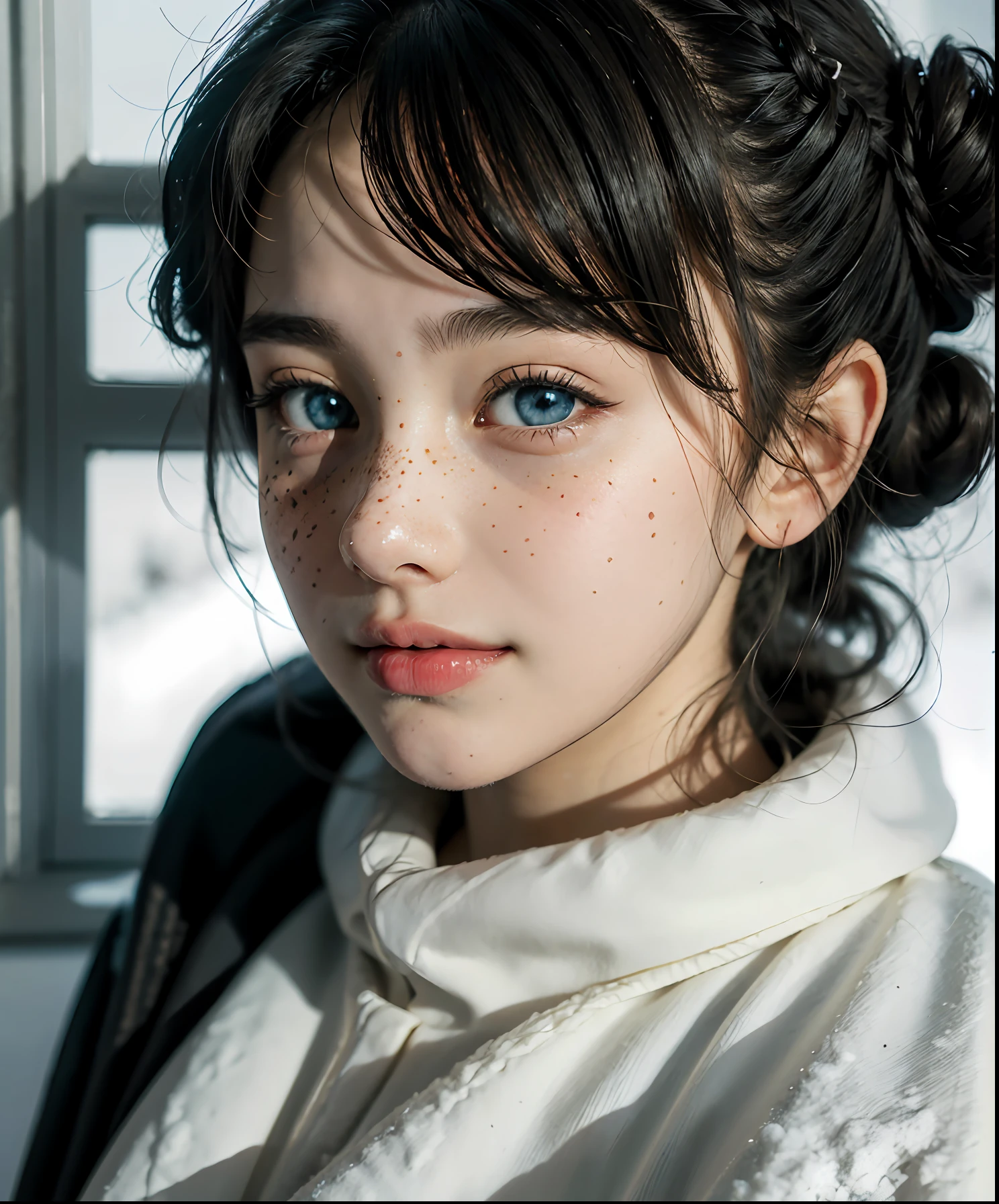 a RAW photo of girl, (masterpiece:1.4), best quality, ultra high res, high detailed, (photorealistic:1.4), detailed eyes, detailed face, 1girl, solo, (14 years old), (loli:1.3), (pale skin:1.3), ((freckles. Bright blue eyes. Thick eyebrow)), (((double hair bun))), (cold outfit), (smile), (cute), sitting at house beside window, ((focus on viewer)), (clear glasses), midnight, (snow background), (at snow forest village), dramatic lighting, ((front view)), (super detail), (best quality), (high quality), 16k