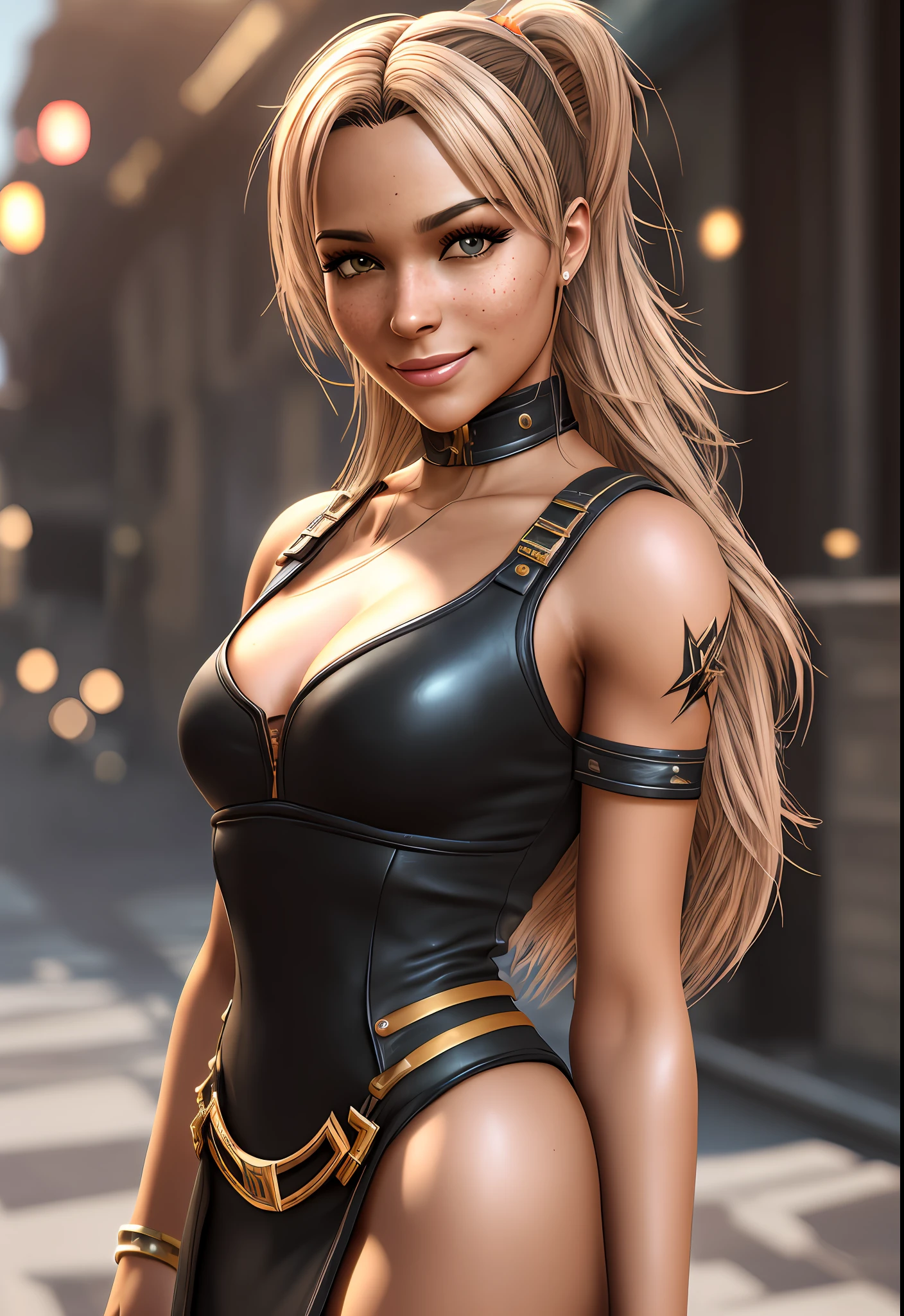 Illustrations hyper realistic, ultra detailed photograph of a BLACK woman being the character cammy from the street fighter game, military clothes, with skirt, showing the whole body, smiling, the afternoon, depth of field, HOF, hall of fame, detailed gorgeous face, scenery of an air base, natural body posture, professional photographer, captured with professional DSLR camera, trending on Artstation, 64k, ultra detailed, ultra accurate detailed, medium bokeh lighting, surrealism, Thomas Kinkade background, urban, ultra unreal engine, WLOP, Pauline Voß, Pascal Quidault, , Christian Schob, Martina Fackova, intricate, epic, freckles, peach fuzz, detailed mascara --auto --s2