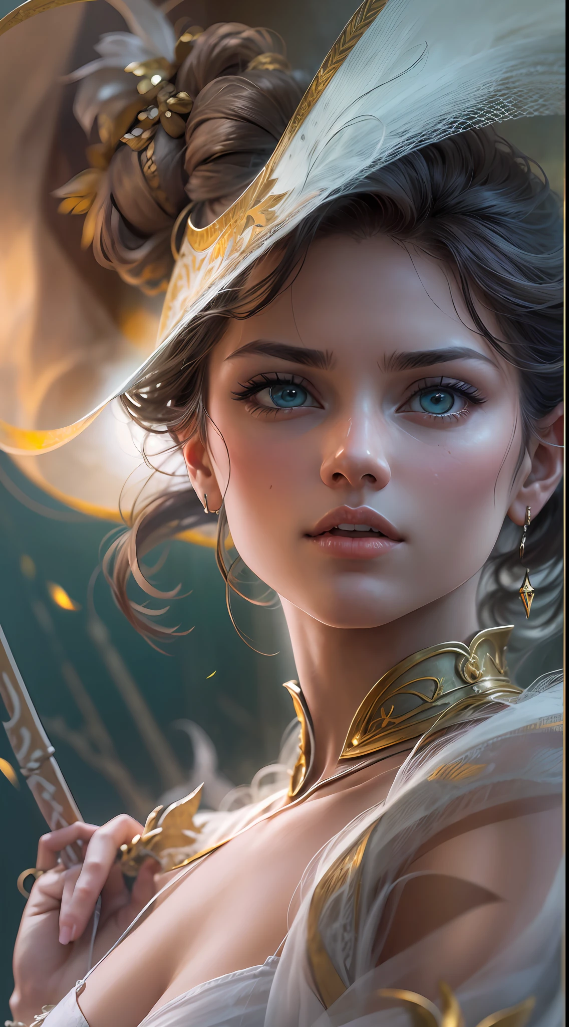 ((Ultra resolution 8K)), la mejor calidad posible, hermosa mujer,The most beautiful of all, hermosa rostro,bellos ojos,(ojos muy bien detallados: 1.1), cabello largo movido por el viento,(Mythology : 1.1), (arco y flecha en la mano: 1.2), (disparando un arco: 1.1), ((arco y flecha en la mao)), ((vestido largo movido por el viento: 1.1 )), hermosa figura, diosa Artemisa, diosa de la casa,flotando en el aire , obra maestra muy bien detallada