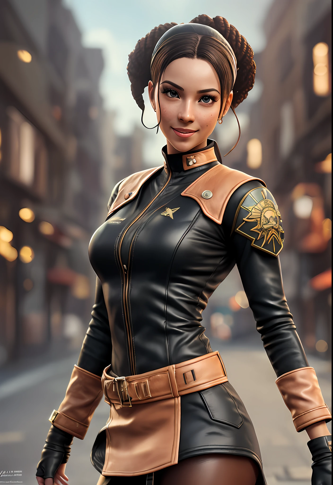Illustrations hyper realistic, ultra detailed photograph of a BLACK woman being the character cammy from the street fighter game, military clothes, with skirt, showing the whole body, smiling, the afternoon, depth of field, HOF, hall of fame, detailed gorgeous face, scenery of an air base, natural body posture, professional photographer, captured with professional DSLR camera, trending on Artstation, 64k, ultra detailed, ultra accurate detailed, medium bokeh lighting, surrealism, Thomas Kinkade background, urban, ultra unreal engine, WLOP, Pauline Voß, Pascal Quidault, , Christian Schob, Martina Fackova, intricate, epic, freckles, peach fuzz, detailed mascara --auto --s2