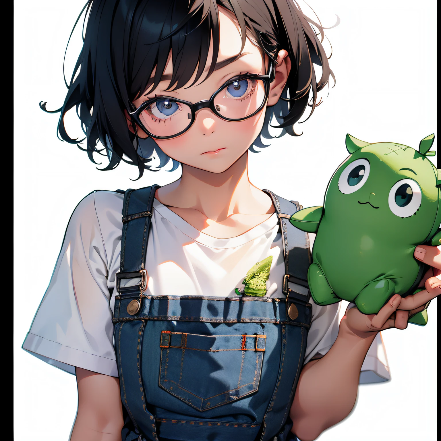 A little girl with short hair with glasses holds a green doll with 3 eyes，Wearing a white T-shirt，Denim suspenders，8k，A high resolution，Hand drawn texture， --v6