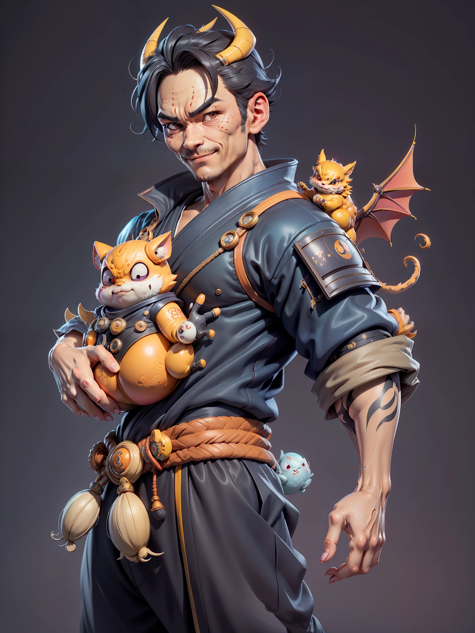 (Daisaku),(Need),(Super meticulous),(full bodyesbian:1.2),Super young man with Japanese female geisha,Beautiful,Oriental Dragon,Aeolian Thor,Raised sexy,爆乳,Oriental face,TV anchor,Bust portrait illustration,In black suit,a blue tie,The face is slightly chubby,The face was clean,without a beard,black super short hair,Black eyes,Smile confidently,3C computer sub-products,iPad, iPhone,Digital painting,3D character design by Mark Clairen and Pixar and Hayao Miyazaki and Akira Toriyama,The illustration is a high-definition illustration in 4K resolution,With very detailed facial features and cartoon-style visuals。