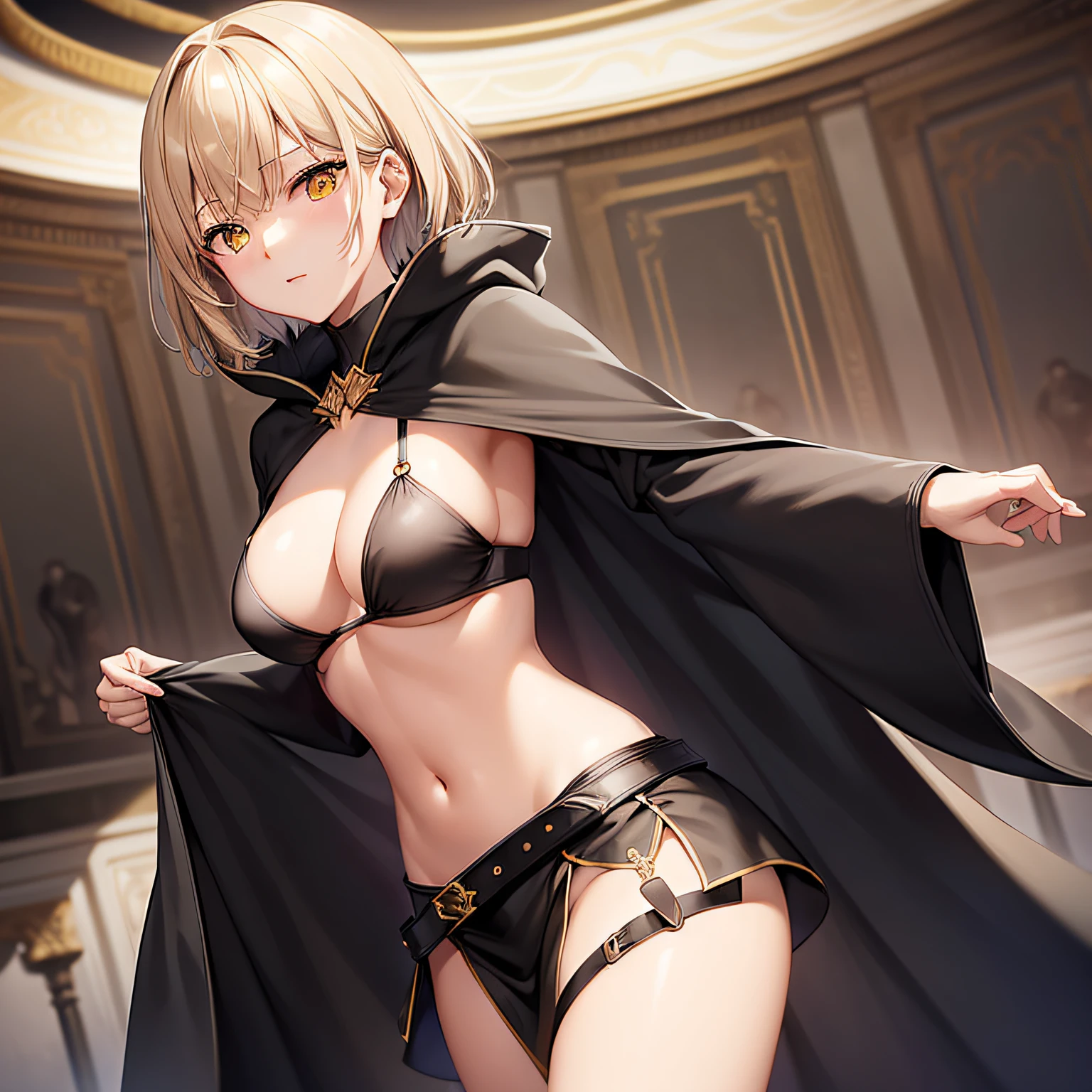 top-quality、extremely delicate and beautiful、femele、Wearing a black cloak。Colossal tits、Black Bikini Bra、Thunder properties、a blond、short-haired、Yellow eyes、Navel、Black miniskirt、Belt at waist、professional wrestling、Rise to the pinnacle of professional wrestling、Crowd Circle View、inside in room