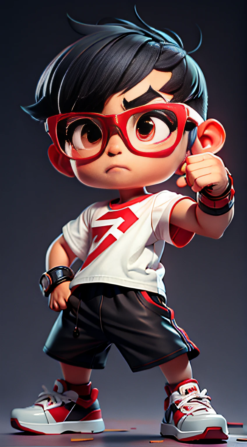 Masterpiece, Best quality,1 boy fighting move,Pose, Little heroes,Short hair, Small flat head,White T-shirt,Black shorts,Red sneakers,black-frame glasses,