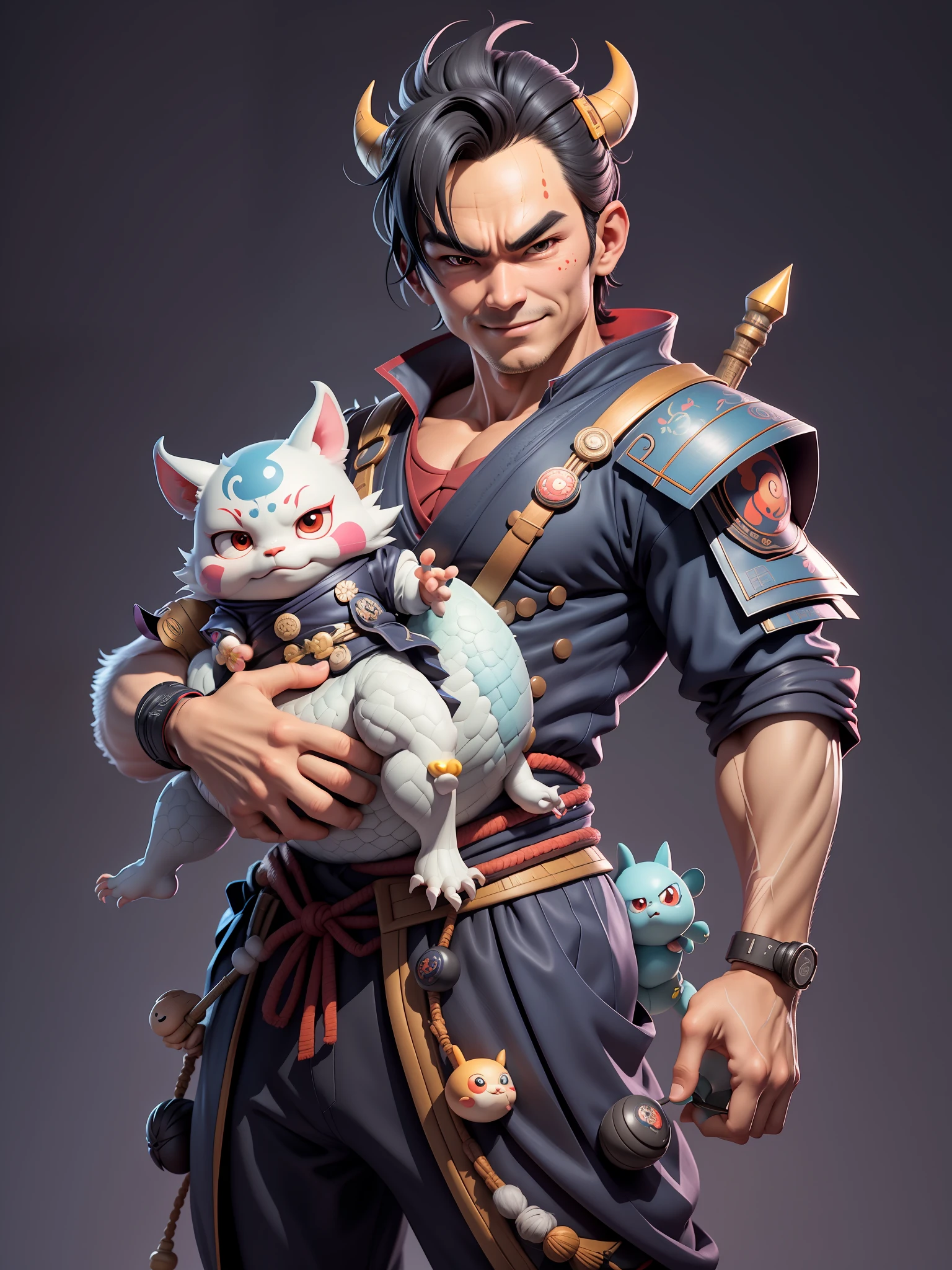 (Daisaku),(Need),(Super meticulous),(full bodyesbian:1.2),Super young man with Japanese female geisha,Beautiful,Oriental Dragon,Aeolian Thor,Raised sexy,爆乳,Oriental face,TV anchor,Bust portrait illustration,In black suit,a blue tie,The face is slightly chubby,The face was clean,without a beard,black super short hair,Black eyes,Smile confidently,3C computer sub-products,iPad, iPhone,Digital painting,3D character design by Mark Clairen and Pixar and Hayao Miyazaki and Akira Toriyama,The illustration is a high-definition illustration in 4K resolution,With very detailed facial features and cartoon-style visuals。