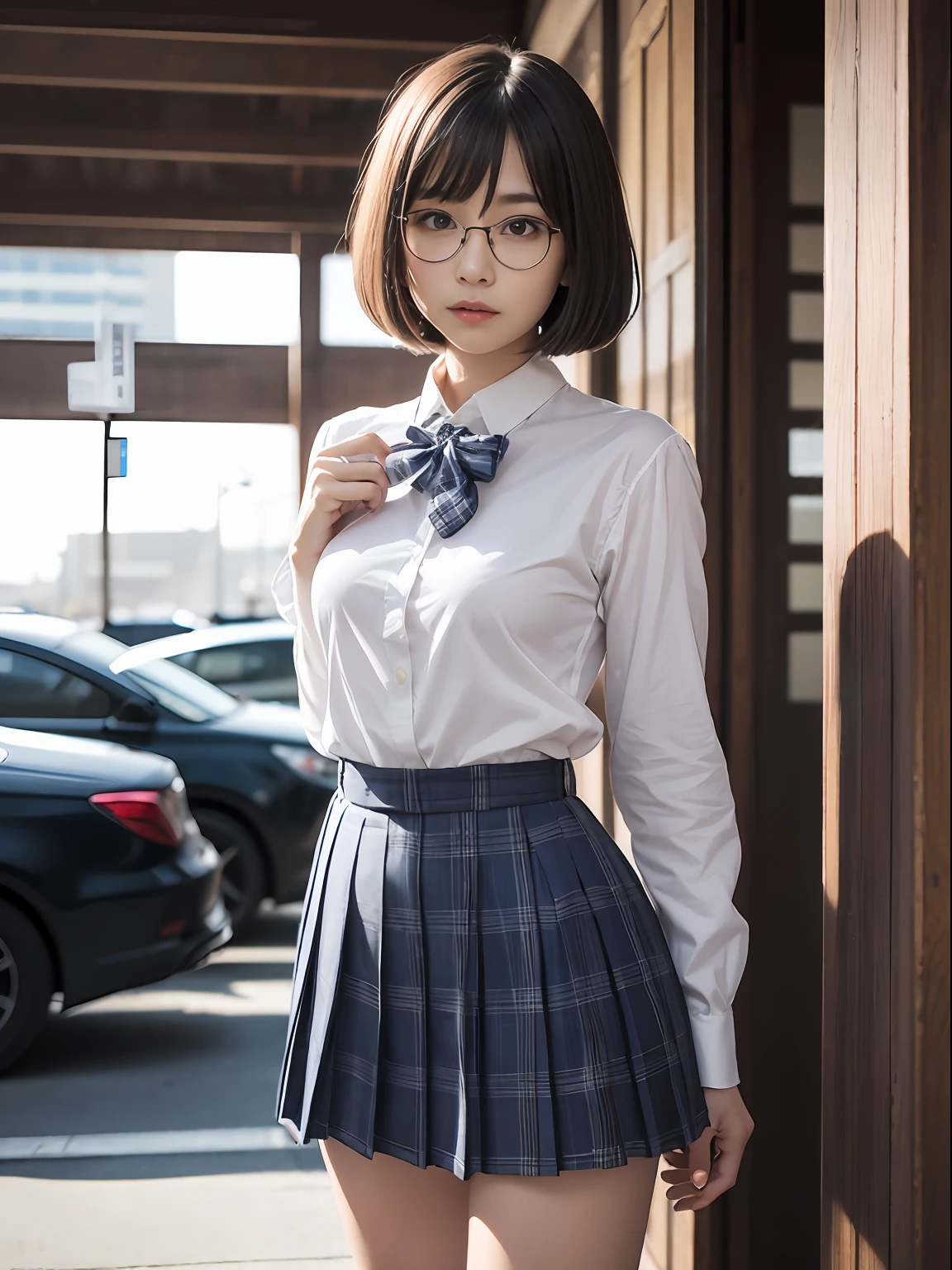 （8K、Raw photography、top-quality、​masterpiece：1.2),absurderes,a small face,small tits,flat breast,Parting the bangs from the middle、Forehead visible,(Tight eyes,Bullish,skinny,Rasping,irate)、​masterpiece,top-quality、超A high resolution,Raw photo,ren,Beautiful fece,One Person, 独奏,eye glass,,Dark look,Small breasts,fullllbody,Round glasses、cute little、A Japanese Lady,is standing,(Tight eyes,Bullish,skinny,Rasping,irate,small tits,flat breast)、（Photorealsitic：1.37）、Photon mapping,Light blue ribbon,Realistic、Cute little face,Brown-eyed、Black socks、(Red bow tie)、Radio City、Physically Based Rendering、Foreground、depth of fields、Blurry background、a picture,The girls、Body, Long legs, Thin leg,bob cuts,(Bangs are visible), hair, s lips, Blue_The eye, nosesoft,White shirt, Navy blue and white plaid pleated skirt, Knees are visible,Sheer clothing,, Thigh, Black cotton socks,Nogizaka Idol, 女優, Japanese ido