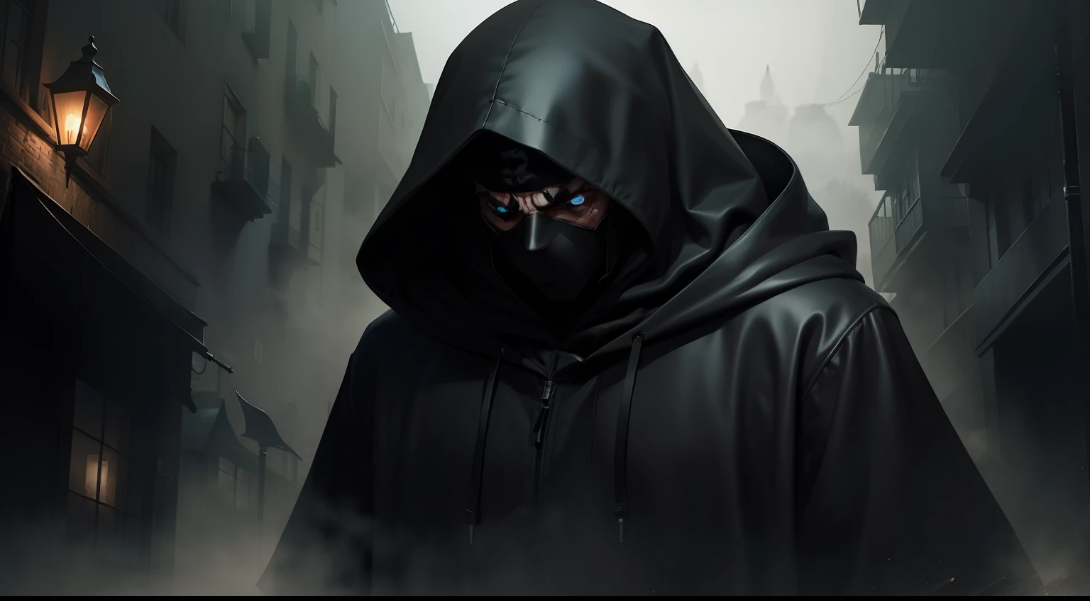 (man with black hood:1.2),(looking down:1.2),(angry face:1.1),(walking on a foggy dark street:1.1)