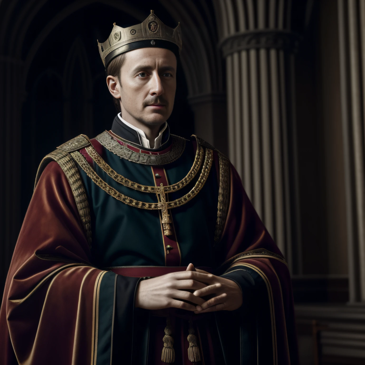 A photorealistic digital portrait of Henry V, Holy Roman Emperor, as a dignified and devout monarch. He is depicted wearing regal robes and the imperial crown, exuding an air of authority and wisdom. The portrait showcases his steadfast commitment to the Christian faith and his significant role in the Investiture Controversy with the papacy. The artwork captures the essence of a medieval ruler whose reign was marked by religious and political challenges. The lighting should be soft and flattering, enhancing the regal ambiance. The resolution must be 8K, ensuring a highly detailed render that conveys the gravity of Henry V's reign