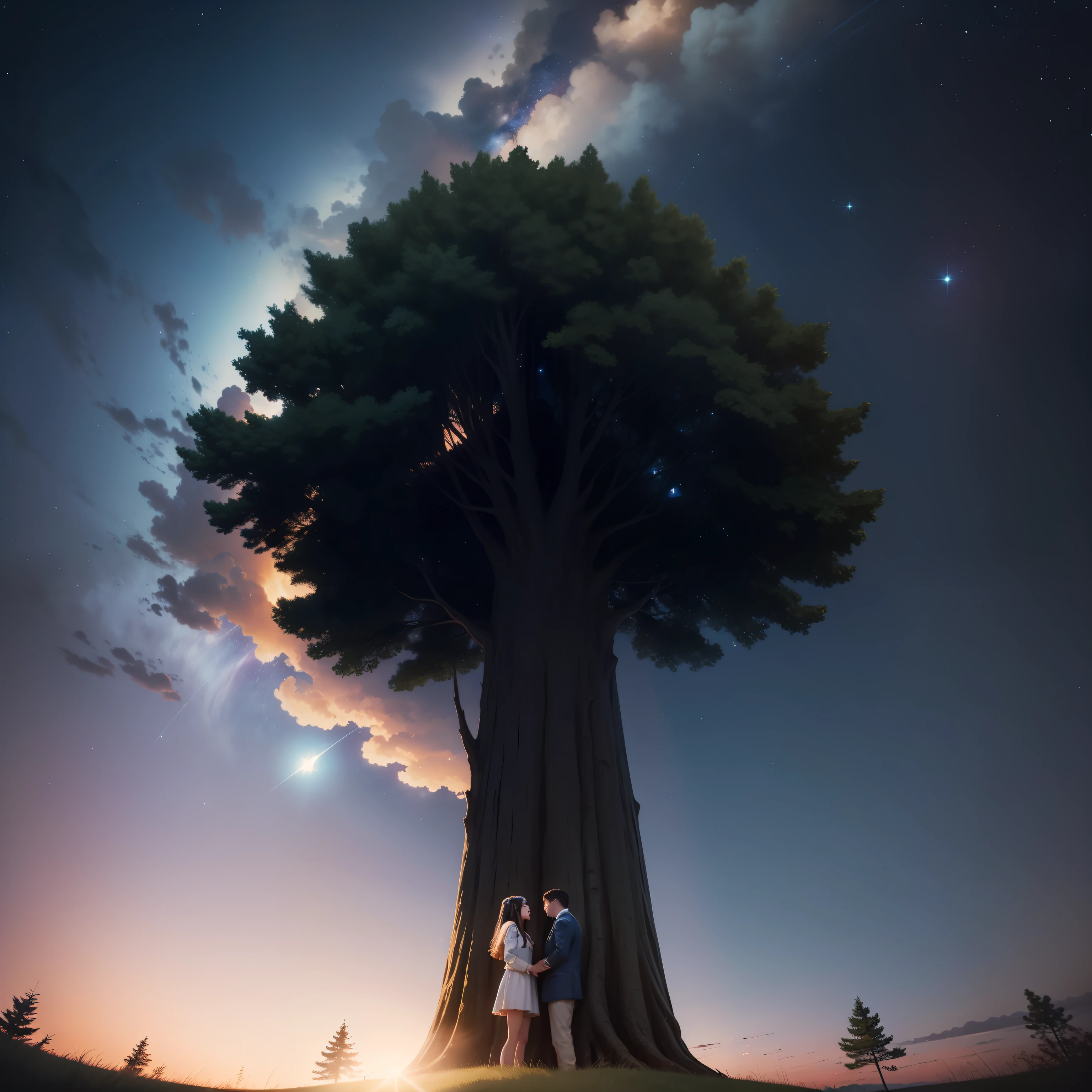 with the sky full of stars,There is a towering tree,Under the tree there is a couple looking up at the sky