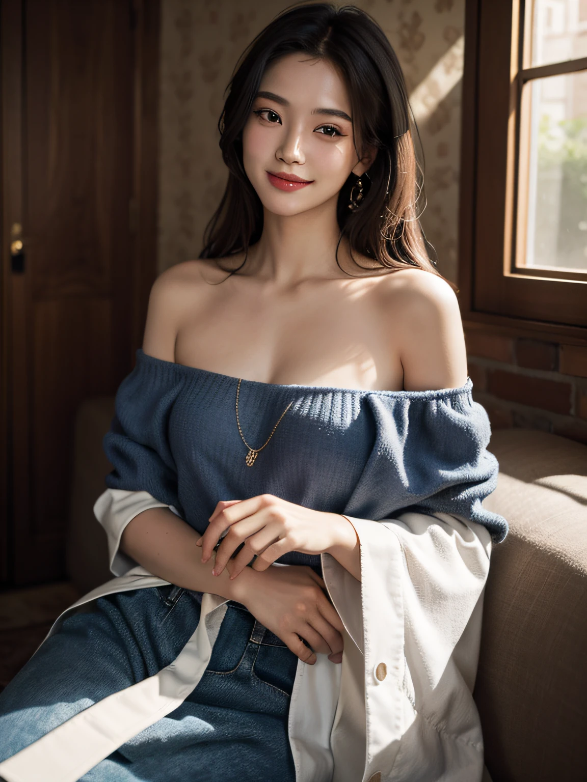 1girl, offshoulder, light smile, shiny skin
best quality, masterpiece, (photorealistic:1.4)