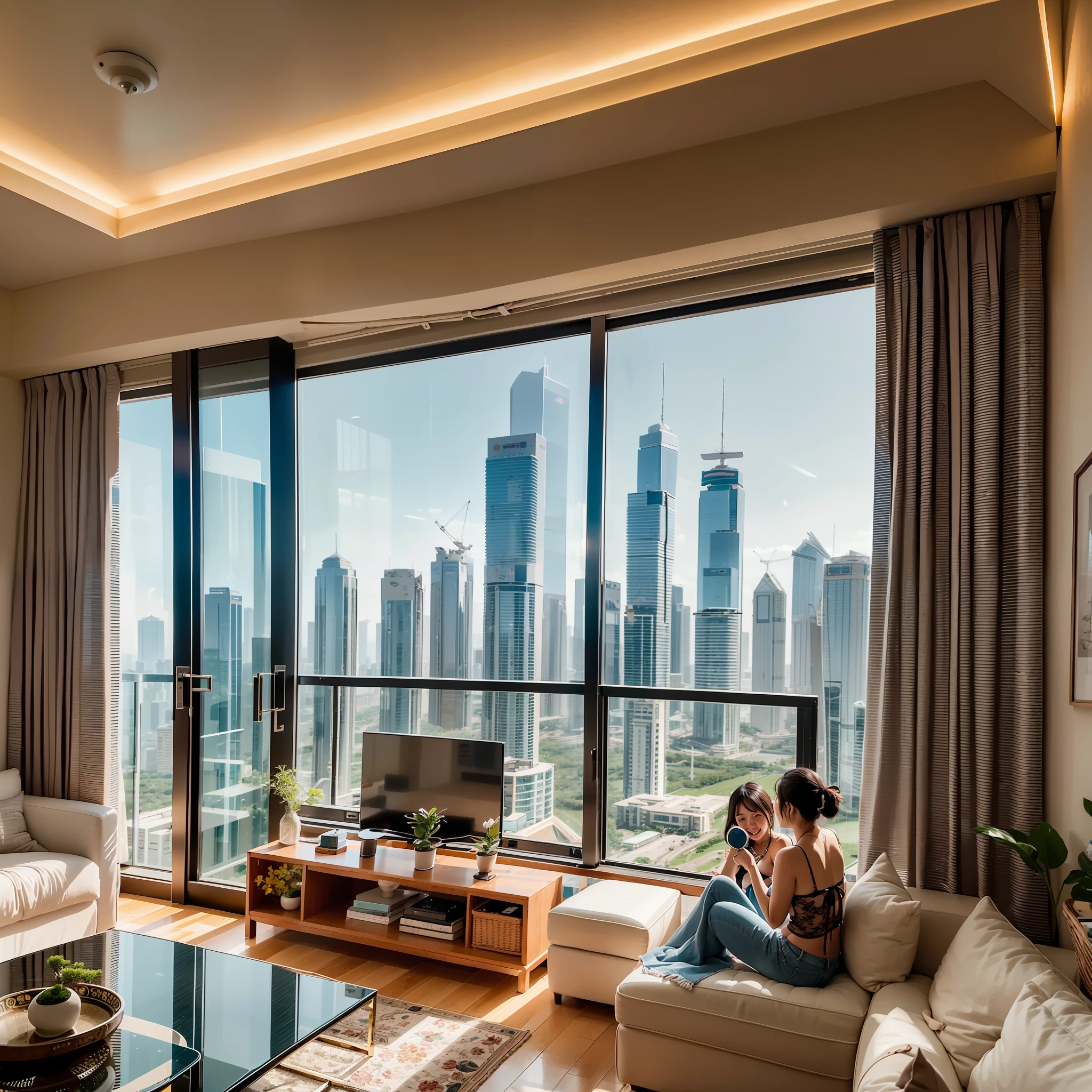 Sea Flower Island 108th floor apartment, Hainan，Five bikini girls sitting in living room watching TV，There is a little six-month-old corgi playing next to it，There are also some bonsai，Canon shooting，See the Bund with a telescope