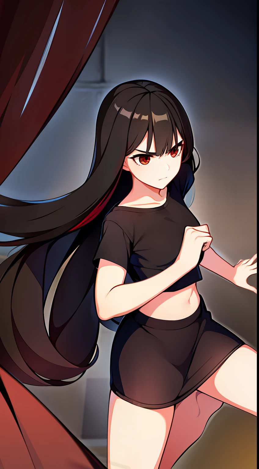 young girl, Long black hair, Brown eyes, tshirt, briefs, combat stance, anger, Masterpiece, hiquality