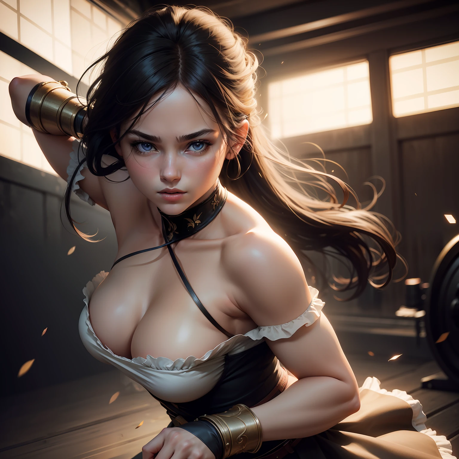 Best Quality, Masterpiece, Ultra High Resolution, (Realisticity: 1.4), Original Photo, 1girl, Bare Shoulder, Cinematic Lighting, (Upper Body: 1.5), (Battle Stance), Big Bust (D)