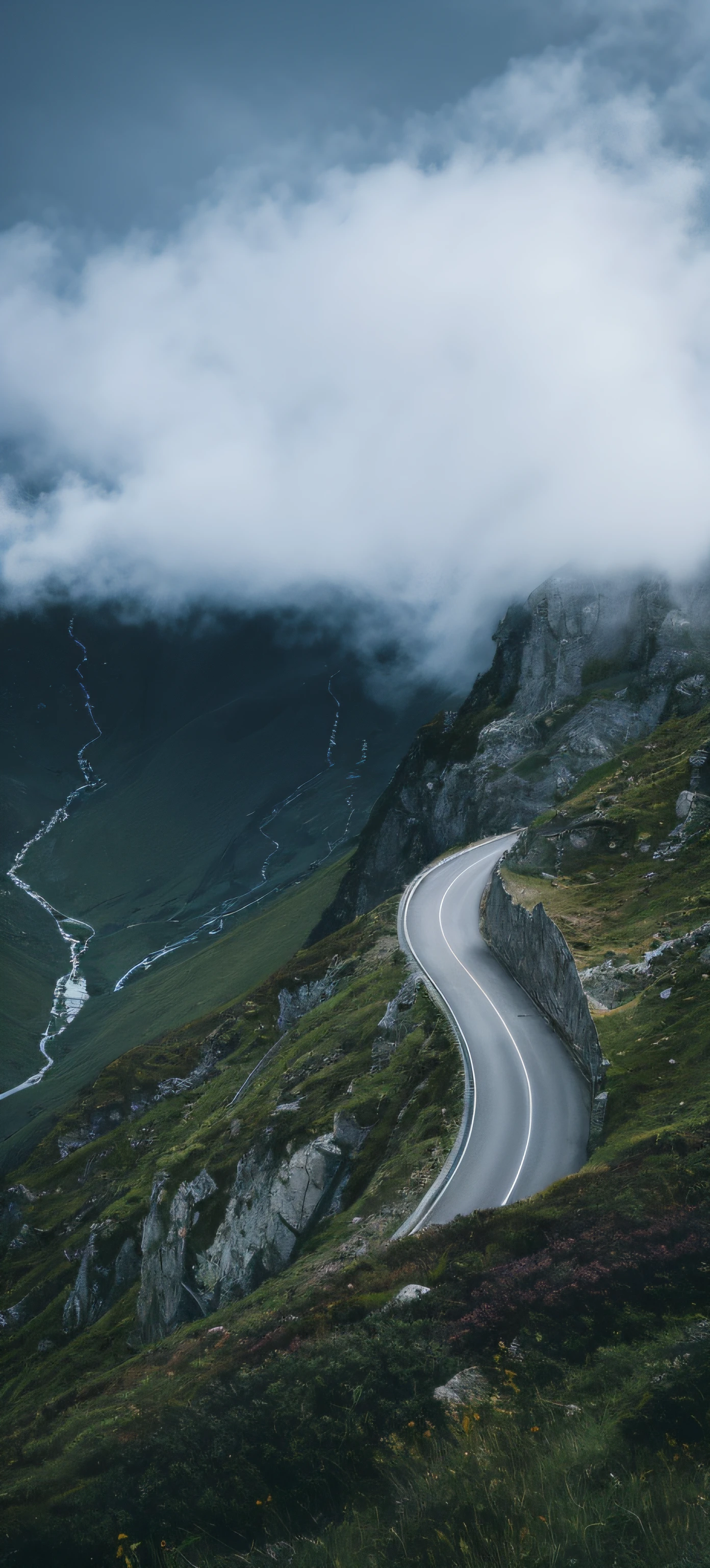 There is a winding road up the mountain,sky with many clouds, mountain pass, road between hills, traveling through the mountains, pexels contest winner, unsplash contest winner, Alessio Albi, unsplash contest winning photo, landslide road, unsplash photo contest winner, High quality wallpaper, interesting background, Atmospheric photos, epic scenic shot, accurate roads, hilly road