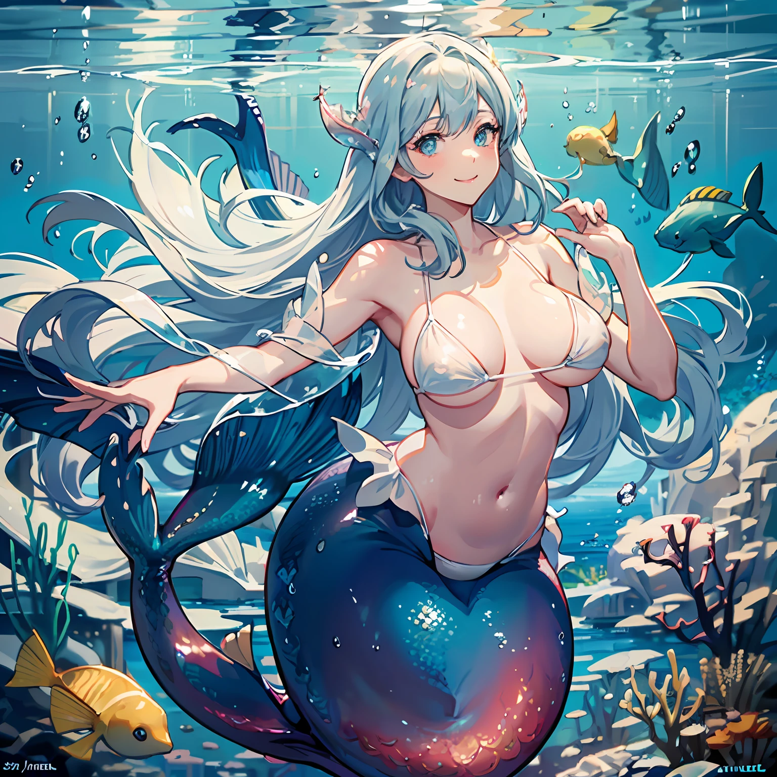 Big Tits, Colossal tits, slim figure, femele, Light blue super long hair, (((Little Mermaid))), A smile, (((ocean floor))), low angles, Sunlight shines in, Hair swaying in the water, a ,realskin, fish flocks, masutepiece, in 8K, Beautiful, realisitic, (((White Micro Bikini)))