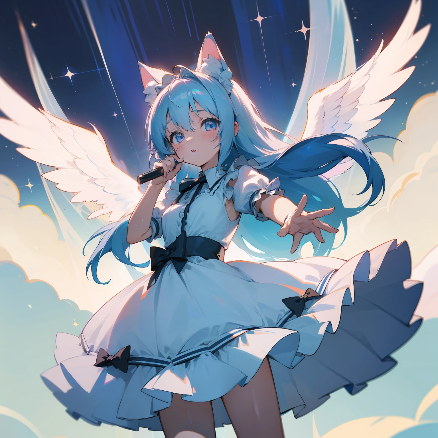 (Top image quality)、(ultra-detailliert)、top-quality、​masterpiece、1girl in、Little Girl、Cat's ears、angelicales、Angel wings、Circle of Angels、silber hair、silber hair、White hair、Longhaire、Light blue eyes、maid clothes、swim wears、stomach、swim wears、maid clothes、frilly dress、lots of ruffles、lots of ribbons、bow ribbon、PastelColors、stele、pop music、she has a cute expressive face、Fluffy and spreading hair、​​clouds、Fluffy clouds、intergalactic、(Twinkle)、fluffly