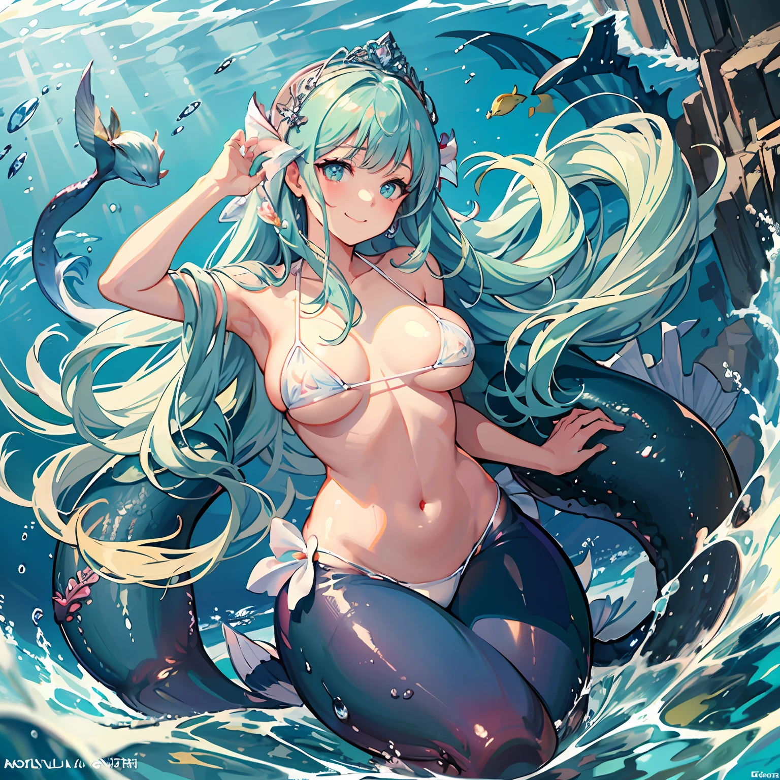Big Tits, Colossal tits, slim figure, femele, Light blue super long hair, (((Little Mermaid))), A smile, (((ocean floor))), low angles, Sunlight shines in, Hair swaying in the water, a ,realskin, fish flocks, masutepiece, in 8K, Beautiful, realisitic, (((White Micro Bikini)))