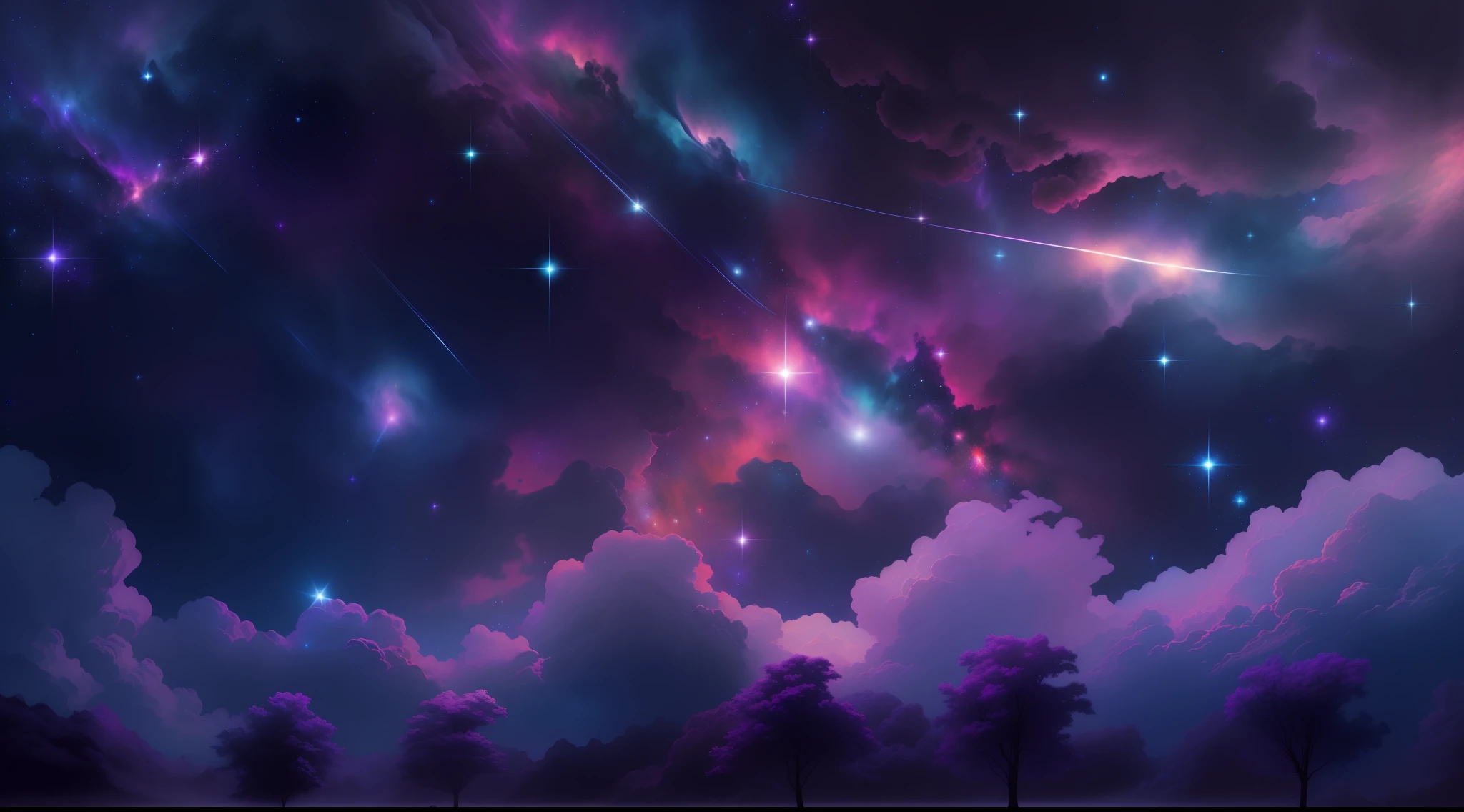 Create a relaxed image, Dark Universe. Scene of serene celestial beauty in the vastness of space, Where distant stars twinkle like guiding lights. Breathtaking nebulae and colorful galaxies inspire amazement and awe. Blending with muted tones and indigo, Deep purple, Eta、Warm shades of the sky to create an atmosphere of peace and tranquility.