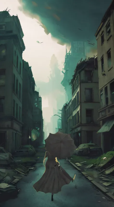 there is a woman walking down a street with an umbrella, in a ruined cityscape, in a post apocalyptic city, stylized urban fanta...