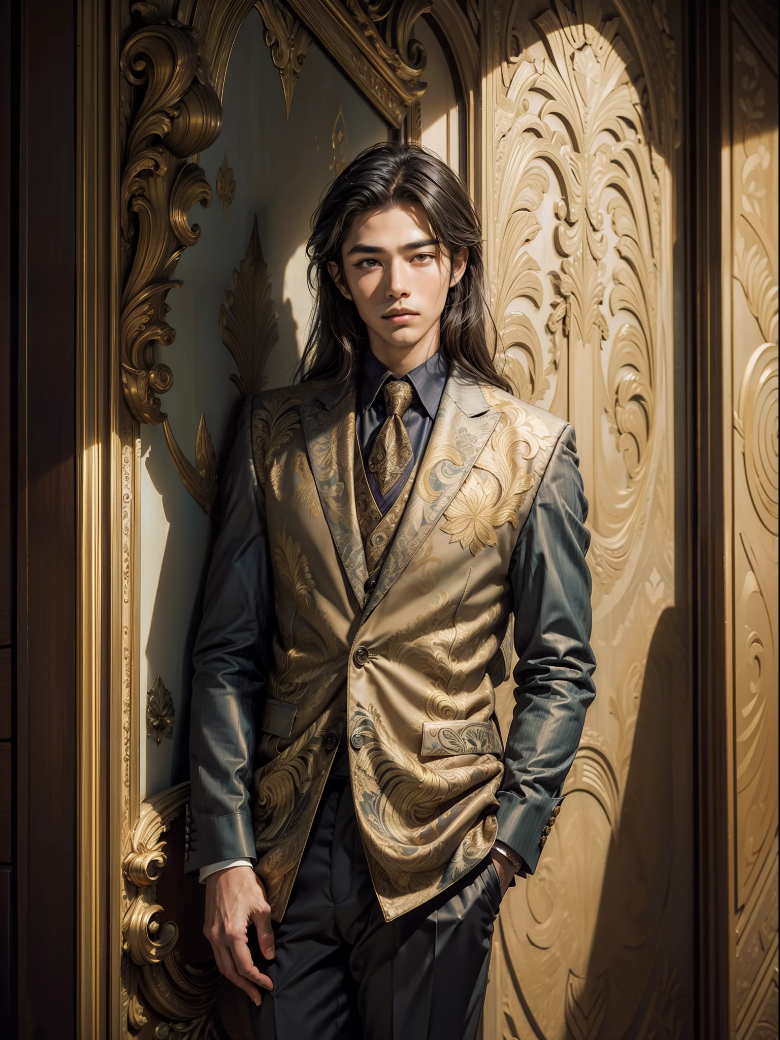 Masterpiece, intricate details, A handsome young boy, elegant batik suit, Pose leaning against the wall, watch, long hair,
