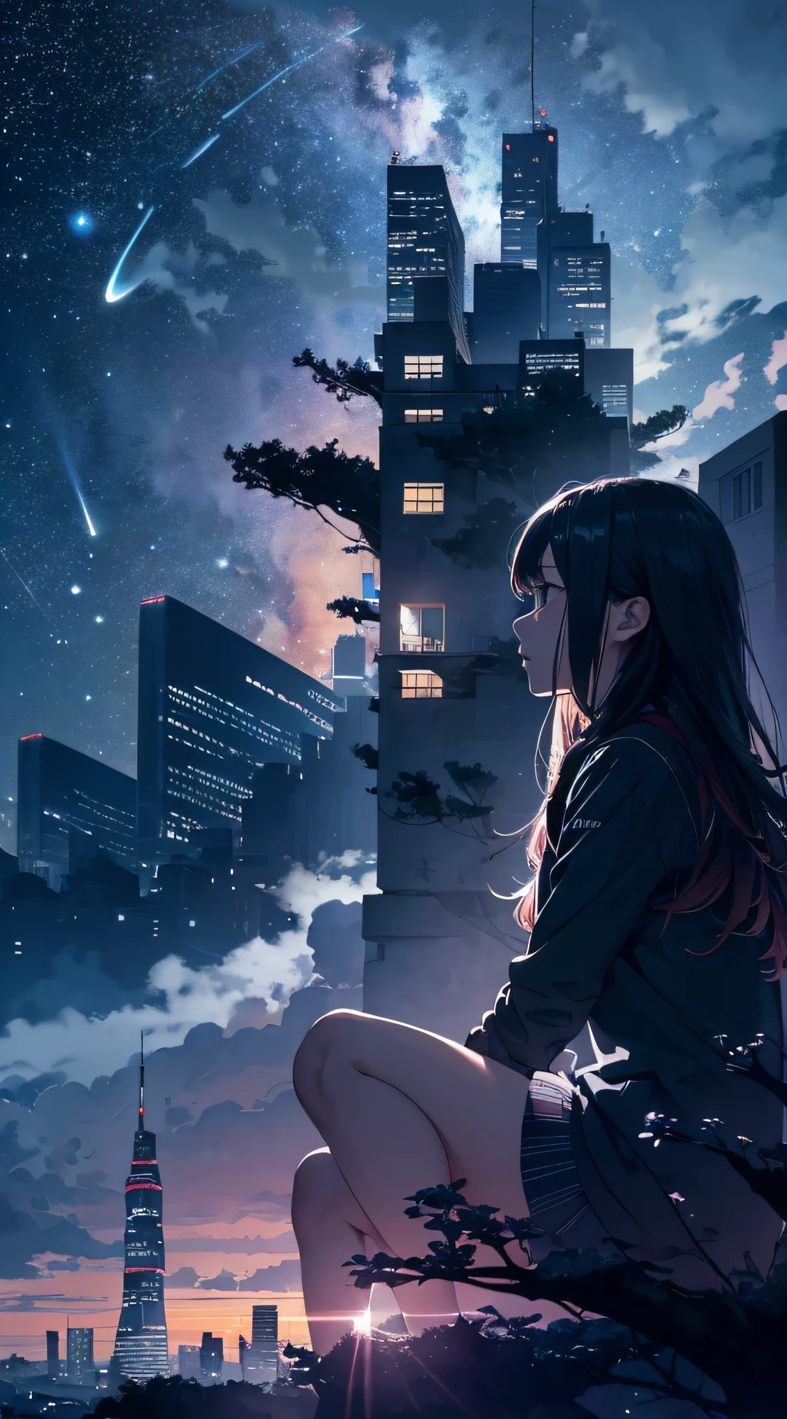 octans, sky, star (sky), scenery, starry sky, night, 1girl, night sky, solo, outdoors, building, cloud, milky way, sitting, tree, long hair, city, silhouette, cityscape