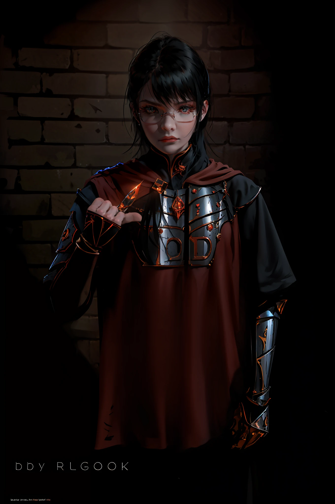 4K，A high resolution，tmasterpiece，best qualtiy，Dark metal armor，EDG esports team logo on chest，Broken armor of medieval knights all over their bodies，Red broken cape，The figure in the mirror wears dark red lenses and point-angled glasses，Similar to the male version of the game League of Legends VN image，Dark tones，Middle Ages style，Black Soul style