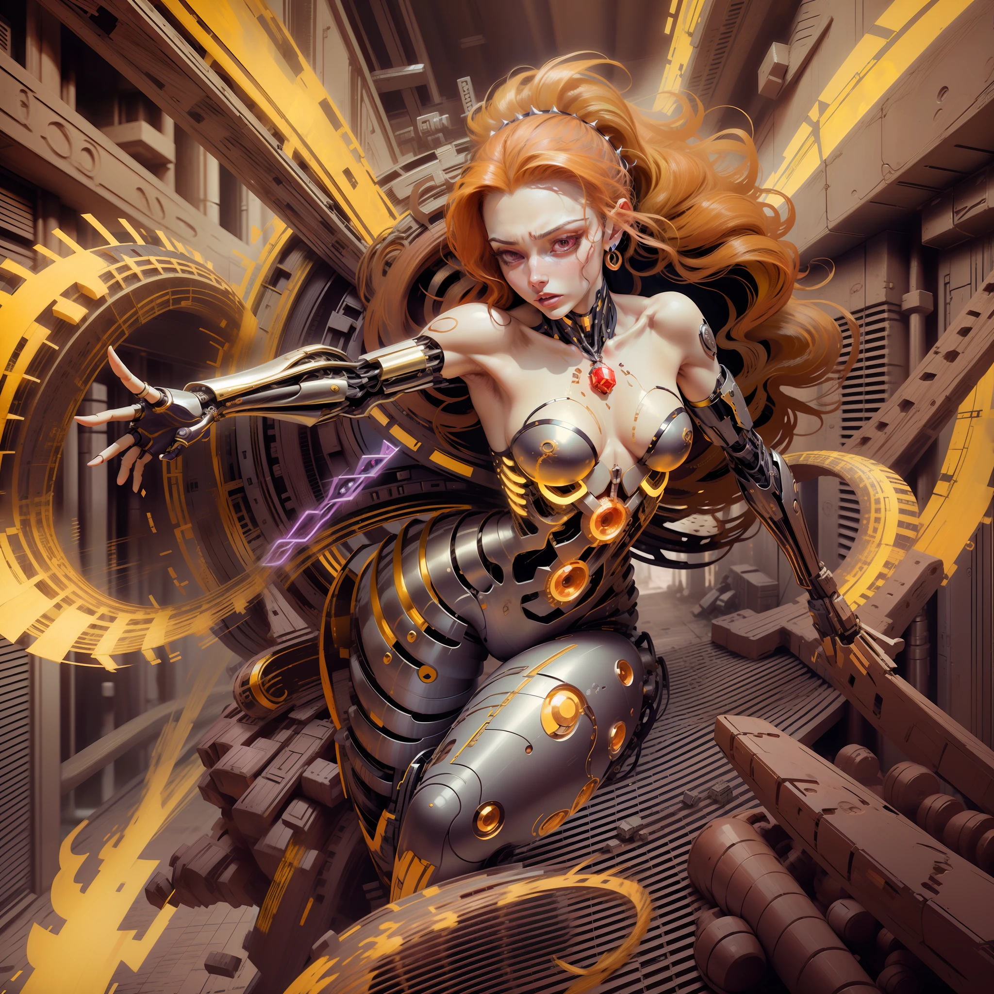 Adagio Dazzling, Adagio Dazzle of "My little pony", Bioorganism, not human, Mechanical parts, coiled hair, exuberant hair, hairlong, Bionic body parts, Missing skin, Completely cyborg, Cybernetic organism, mechanical arms, Mechanical legs, full length, full - body, A highly detailed, Качество Ultra 8K, Broken parts, Holes in mechanisms, not a living organism, Runes and Red Magic, Lots of yellow and red, Red highlighting, Magic Earrings, lots of magic, Laser Weapons