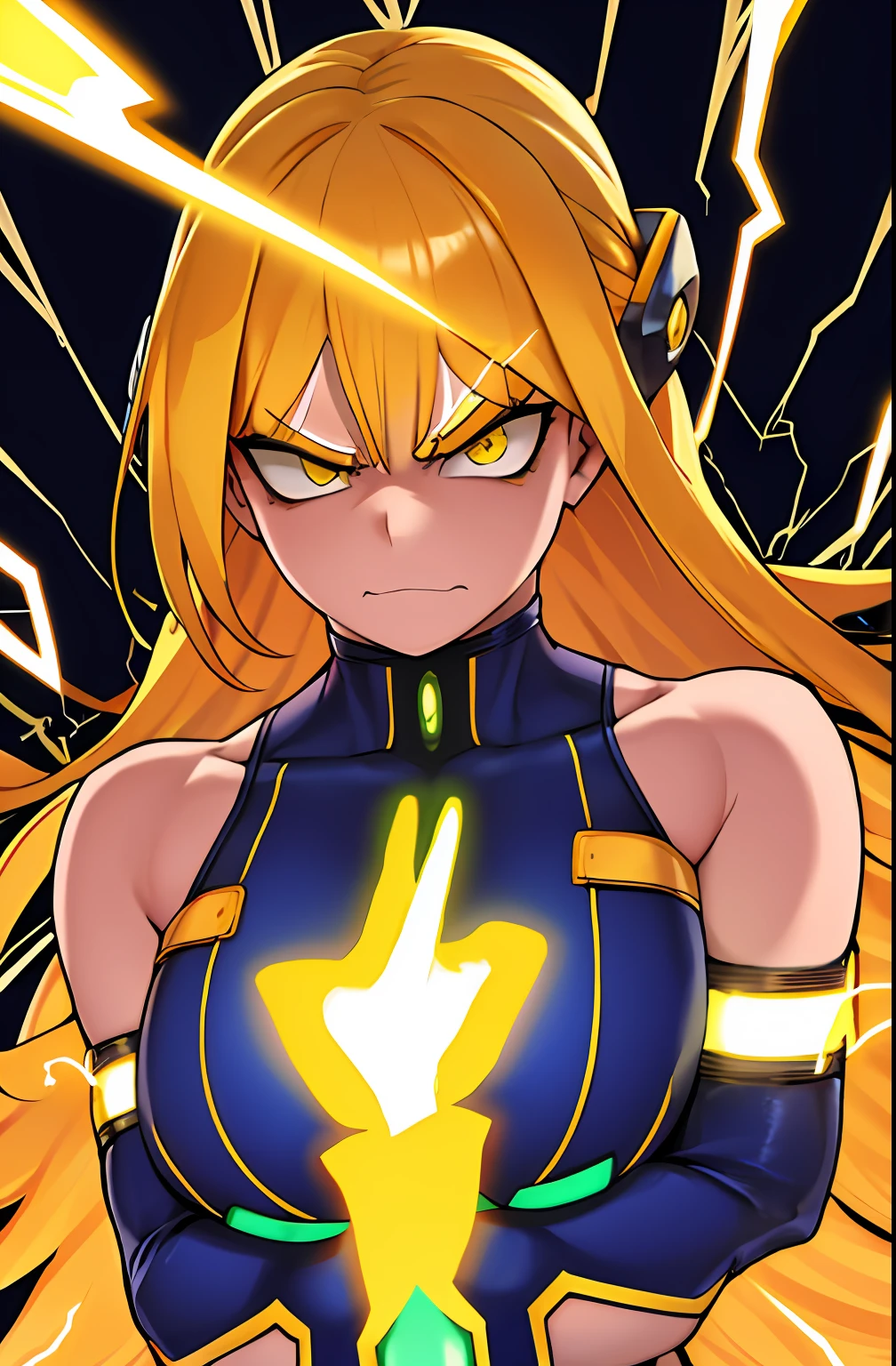 menina sozinho, 1girl, sozinho, meio corpo, bem desenhado, obra-prima, Arte digital premiada, Serious superheroine, radiant yellow hair with electric sparks, electric hair, eletricidade pura, heroine looking at the viewer with an angry face, cabelo brilhante, radiante, bright. perfect hands, realistic hands