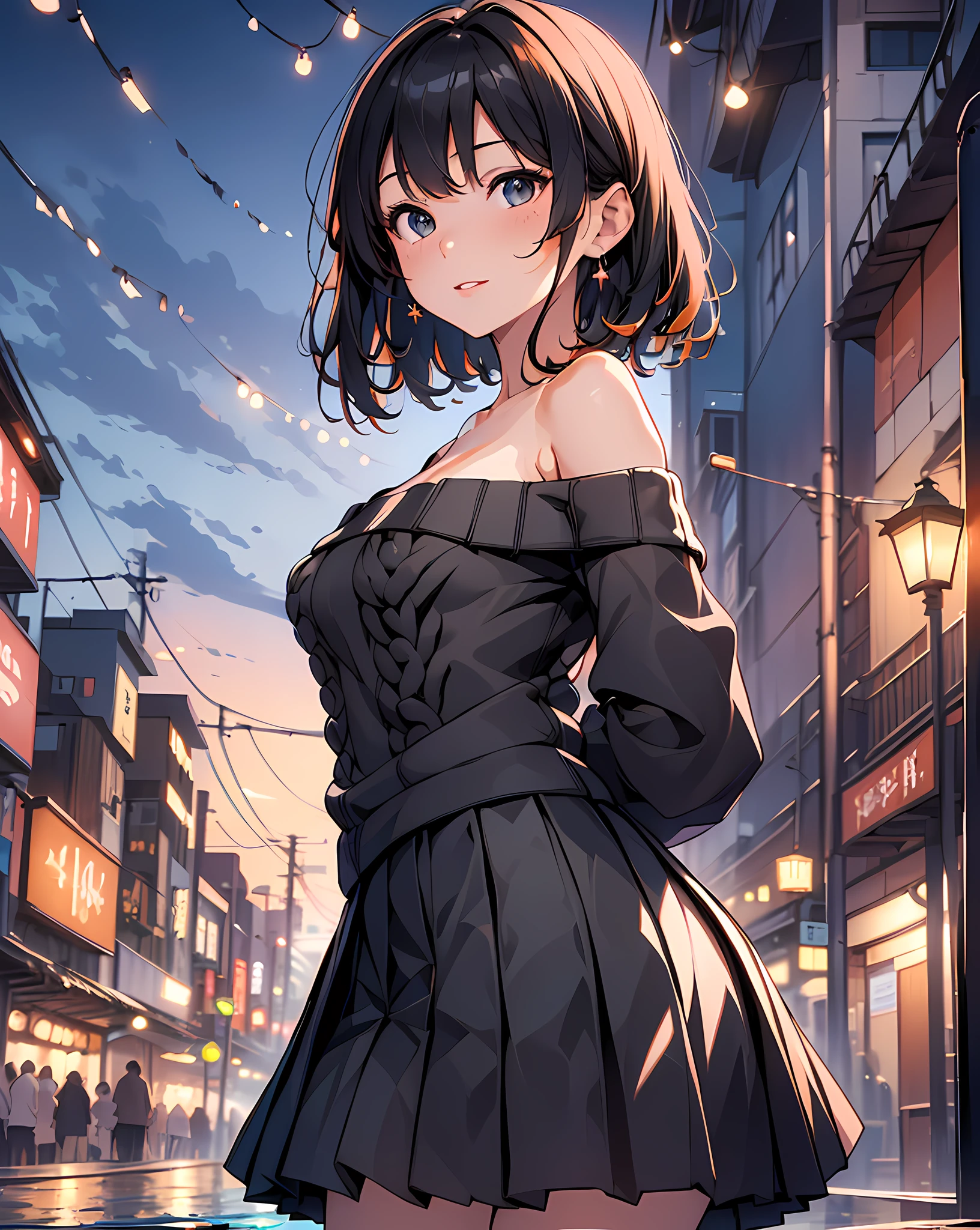 (masterpiece, best quality:1.37), highres, ultra-detailed, ultra-sharp, BREAK, Korean school idol, (((1girl:1.37, solo))), (beautiful anime face, cute face, detailed face), (black hair, thin hair, short hair, bangs, hime-cut), detailed beautiful cyan eyes, BREAK, ((detailed orange off-shoulder summer sweater:1.5), BREAK, (detailed black box-pleats short-skirt:1.5)), BREAk, lovely look, water melon earing, detailed clothes), light smile, closed mouth, parted lips, pink lipstick, BREAK, ((standing, leaning forward, arms behind back,:1.3, cowboy shot)), detailed human hands, HDTV:1.2, ((detailed station view background:1.3)), 8 life size, slender, anime style, anime style school girl, perfect anatomy, perfect proportion, inspiration from Kyoto animation and A-1 picture, late evening, excellent lighting, bright colors, clean lines, photorealistic