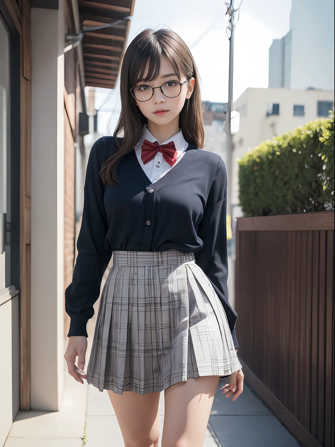 (8K、Raw photography、top-quality、masterpiece:1.2),absurderes,a small face,small tits,flat breast,Parting the bangs from the middle、Forehead visible,(Tight eyes,Bullish,skinny,Rasping,irate)、masterpiece,top-quality、超A high resolution,Raw photo,ren,Beautiful fece,One Person, 独奏,eye glass,,Dark look,Small breasts,fullllbody,Round glasses、cute little、A Japanese Lady,is standing,(Tight eyes,Bullish,skinny,Rasping,irate,small tits,flat breast)、(Photorealsitic:1.37)、Photon mapping,Light blue ribbon,Realistic、Cute little face,Brown-eyed、Black socks、(Red bow tie)、Radio City、Physically Based Rendering、Foreground、depth of fields、Blurry background、a picture,The girls、Body, Long legs, Thin leg,Semi-long,(Bangs are visible), hair, s lips, Blue_The eye, nosesoft,White shirt, Navy blue and white plaid pleated skirt, Knees are visible,Sheer clothing,, Thigh, Black cotton socks,Nogizaka Idol, 女優, Japanese ido